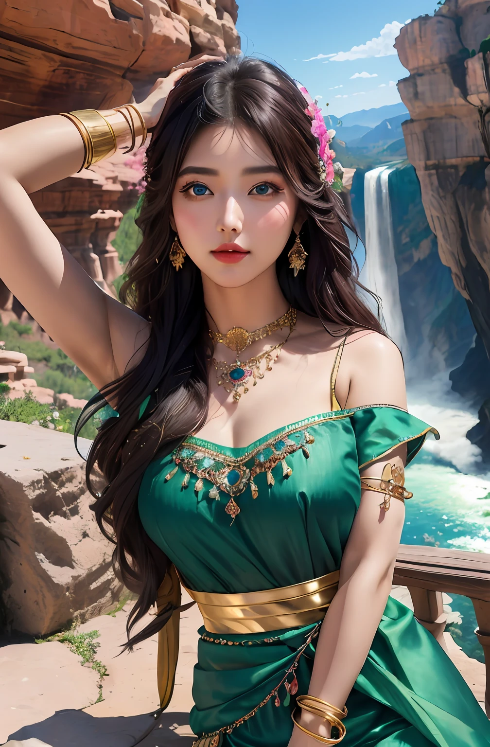 ((Realistic:1.5)),Ulzzang-6500:1.4,((Best quality)), ((Masterpiece)),((Detailed)),2girls,duo,{2 beautiful women}, (Upper body:1.3),Hug and touch each other, Tease your friend's waist, Breathless friends, Biting a friend's earlobe, crouched,super wide shot,Face focus, Long legs,Curvy, Barefoot,Wide hips, Thin legs, Oversized eyes,Long eyelashes, (Detailed face,beautidful eyes, detailedpupils,detailed clothes features, Clear background:1.3), (armlets, bangle:1.3), Mysterious ancient ruins, floresta exuberante, Deep canyon,bridge,River,cliff,Cloud,lakes,Rock music,Waterfalls, Flowers, Grass,grape trees,tree,bright detail,Sharp,Perfect compounding, Intricate, Sharp focus, Dramatic,