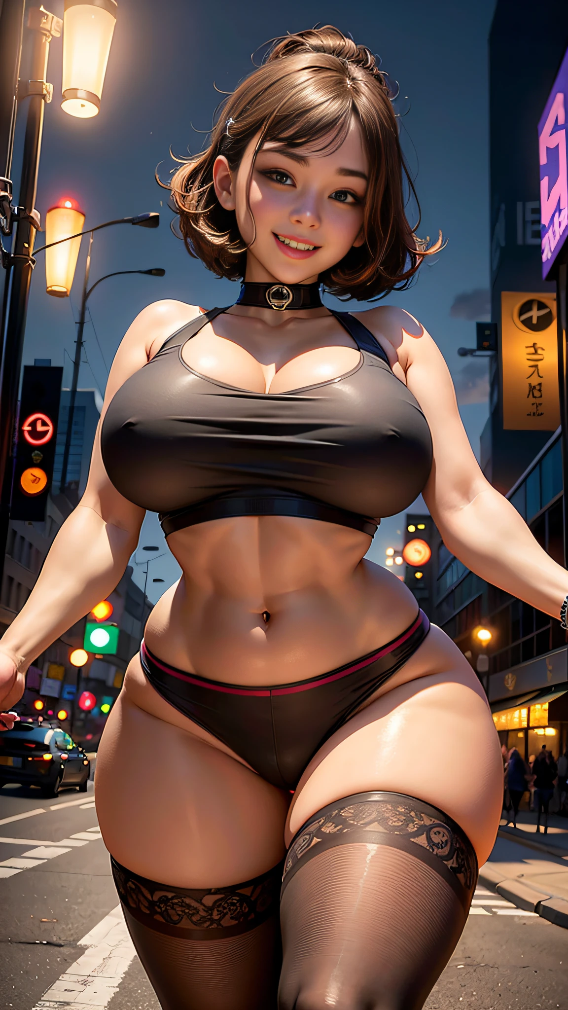 masterpiece, best quality ,walking in night city , squash tits ,  cute highteen girl , ahegao , full body shot , thight neck opened t-shirt , lower belly , huge areola , (huge breasts) , nice ass  , (angle from below) , low angle , (thighhighs) , flushed, smiling wildly , bright expression, brown short hair