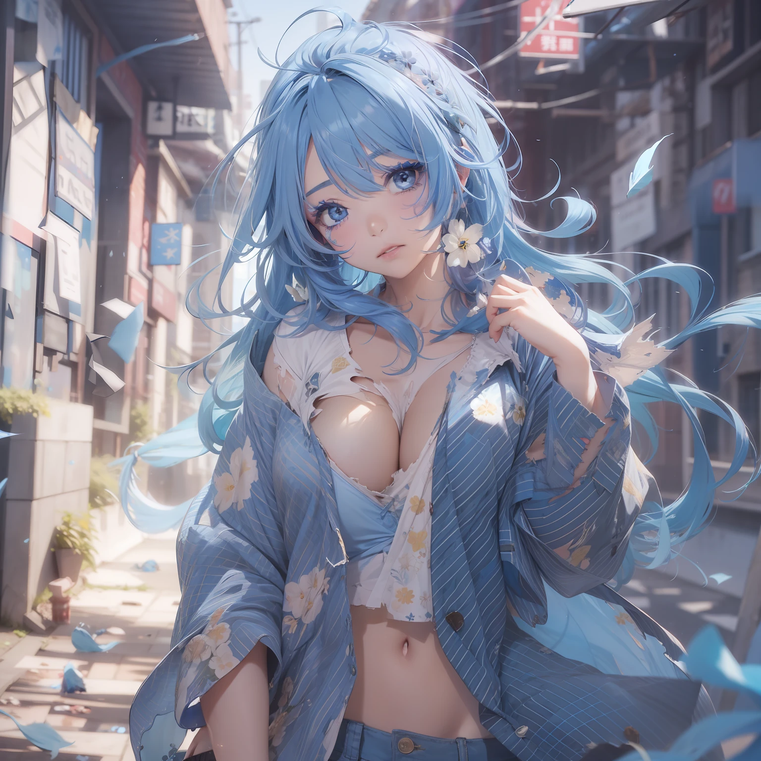 top-quality、Photorealsitic、8K、hight resolution、1girl in、femele、(Skindentation)、(large full breasts)、(profetional lighting、bokeh dof)、(a street)、(flower petals、many:0.6)、Sad face、fansty world(natta:1.2)、(Blue hair:2.0)、(Torn blouse:1.5)、(Portate:0.6)、tatteredclothing、Damaged clothing、a gorgeous、Torn clothes、Clothes torn、bloom、(Floating hair)、(light particules、lensflare、Luminous particles:0.6)、(dynamicposes:1.2)、softlighting、