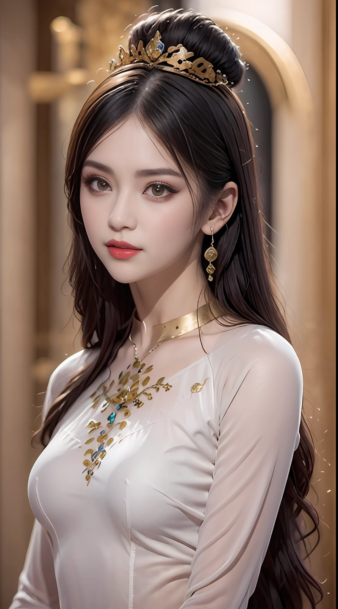 Portrait of a young 20-year-old saint, a saint with a beautiful and super cute face,Wearing a thin red dress with gold edging and glittering and sexy, Ao dai is studded with small sparkling pearls, beautiful cute face, Chinese cute doll, Ao dai with a deep slit in the chest and attractive black and white lace trim, beautiful face without blemishes, shut up, ((long hair seven colors rainbow:1.2)), big crown, hair brooch, hanfu dress, chinese ancient style, Neck and hand necklaces, small earrings, hair jewelry, hair brooches, ao dai with many meticulous motifs, forehead tattoo, The female saint's breasts are round and very full, breast augmentation, innocent face, The most beautiful and detailed light red lipstick, ((Thin plump lips:0.3)), ((Golden eyes:1.2)), The eyes are delicately decorated,(white and detailed) cinematic, light and dark, dramatic lighting, magical light, extremely detailed light, true color, super sharp, realistic, 8k quality, fantasy universe background, saints and magical space, the most detailed images, Solo, a saintess, ((looking directly at the saint's upper body:0.4)), ((smooth skin:0.5)), Extremely detailed pixels, super true, extremely detailed and complex graphics, the highest resolution, close-up portrait,