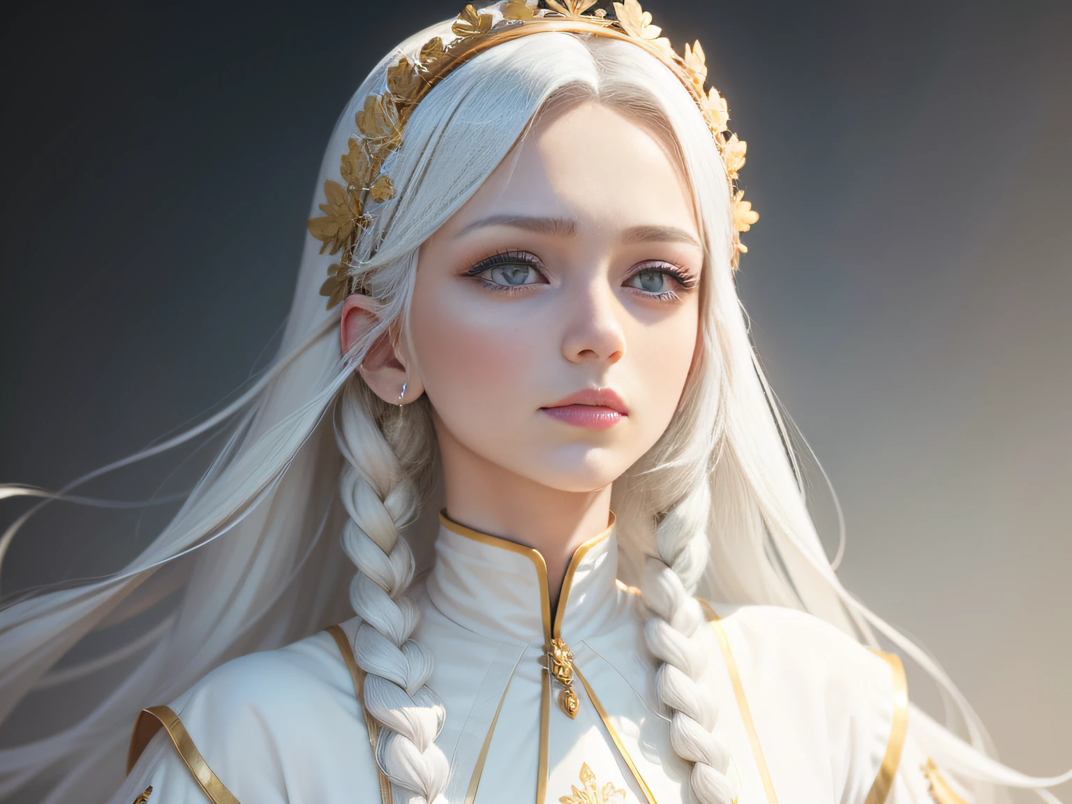 best quality, masterpiece,white hair, gold eyes,white clothes, looking up, upper body,hair strand,Fair skin,side braids