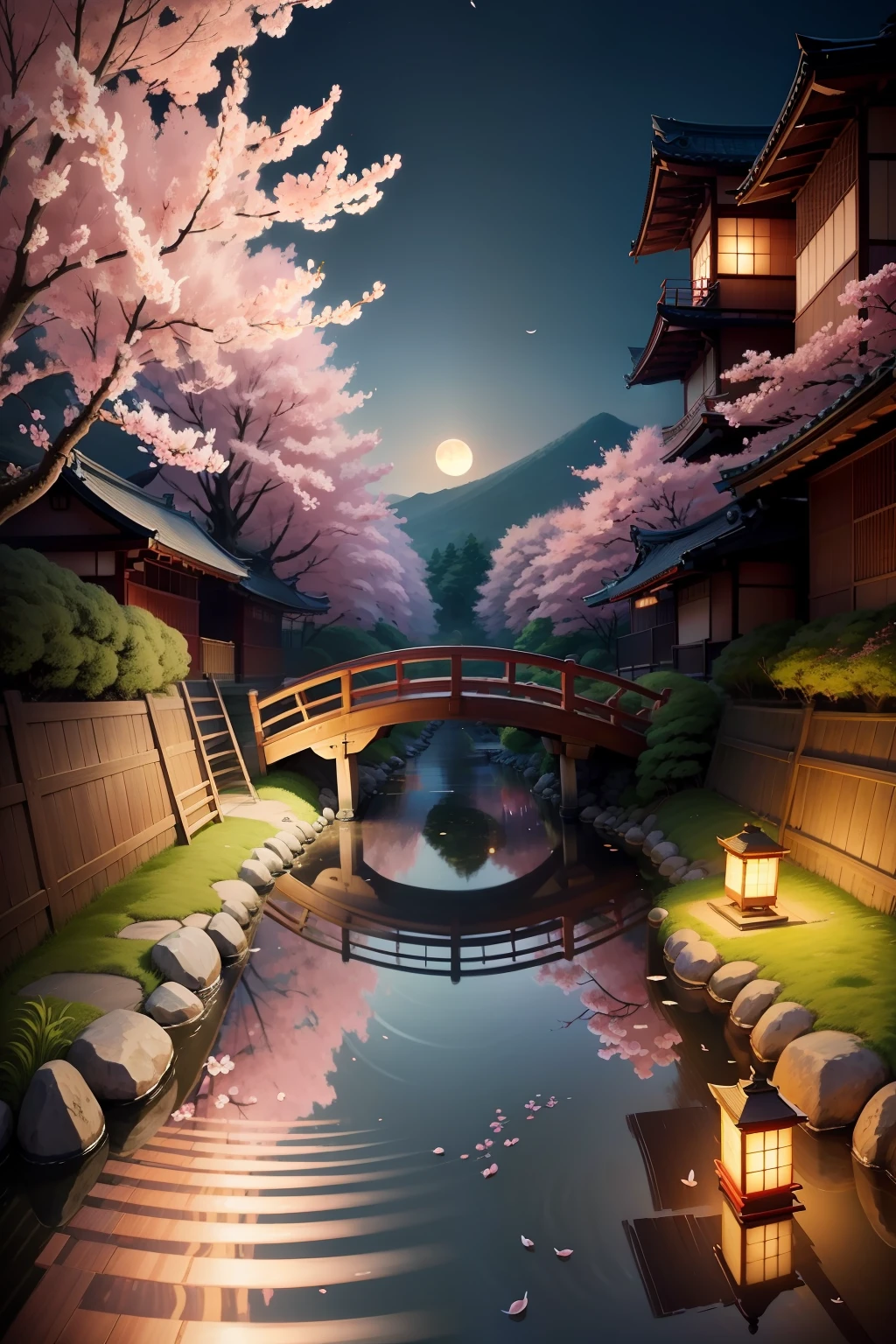 Digital Painting)、(top-quality)、Peaceful Japan Garden、cherry blossom in full bloom、Koi Pond、pedestrian bridge、pylons、Ukiyo-e Art Style、Hokusai's inspiration、Popular deviant art、8K Ultra Real、Pastel Color Schemes、Soft lighting、the golden hour、tranquil atmosphere、sideways Facing、Cherry blossoms on the left and right
