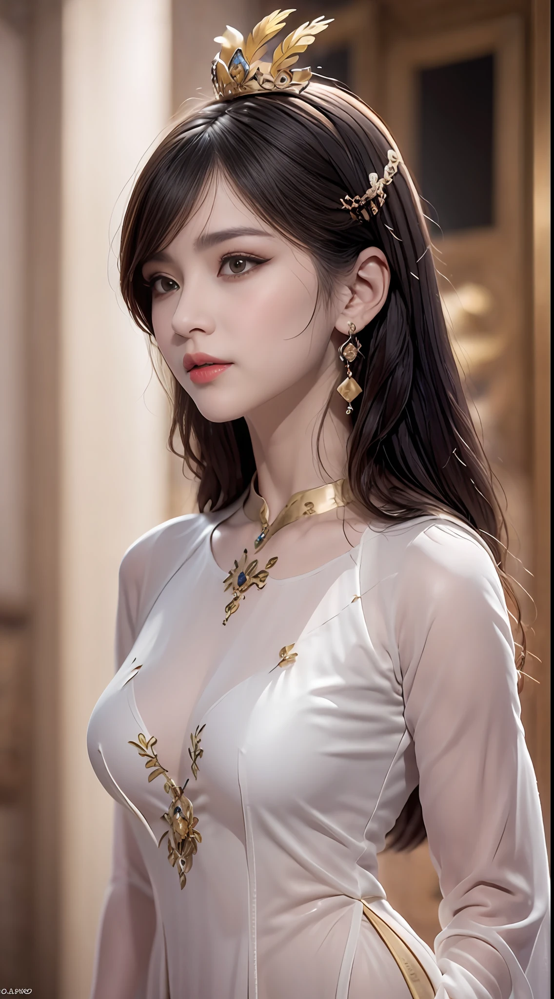 Portrait of a young 20-year-old saint, a saint with a beautiful and super cute face,Wearing a thin red dress with gold edging and glittering and sexy, Ao dai is studded with small sparkling pearls, beautiful cute face, Chinese cute doll, Ao dai with a deep slit in the chest and attractive black and white lace trim, beautiful face without blemishes, shut up, ((long hair seven colors rainbow:1.2)), big crown, hair brooch, hanfu dress, chinese ancient style, Neck and hand necklaces, small earrings, hair jewelry, hair brooches, ao dai with many meticulous motifs, forehead tattoo, The female saint's breasts are round and very full, breast augmentation, innocent face, The most beautiful and detailed light red lipstick, ((Thin plump lips:0.3)), ((Golden eyes:1.2)), The eyes are delicately decorated,(white and detailed) cinematic, light and dark, dramatic lighting, magical light, extremely detailed light, true color, super sharp, realistic, 8k quality, fantasy universe background, saints and magical space, the most detailed images, Solo, a saintess, ((looking directly at the saint's upper body:0.4)), ((smooth skin:0.5)), Extremely detailed pixels, super true, extremely detailed and complex graphics, the highest resolution, close-up portrait,