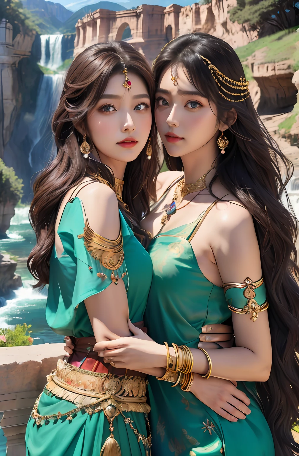 ((Realistic:1.5)),Ulzzang-6500:1.4,((Best quality)), ((Masterpiece)),((Detailed)),2girls,duo,{2 beautiful women}, (Upper body:1.3),Hug and touch each other, Tease your friend's waist, Breathless friends, Biting a friend's earlobe, crouched,super wide shot,Face focus, Long legs,Curvy, Barefoot,Wide hips, Thin legs, Oversized eyes,Long eyelashes, (Detailed face,beautidful eyes, detailedpupils,detailed clothes features, Clear background:1.3), (armlets, bangle:1.3), Mysterious ancient ruins, floresta exuberante, Deep canyon,bridge,River,cliff,Cloud,lakes,Rock music,Waterfalls, Flowers, Grass,grape trees,tree,bright detail,Sharp,Perfect compounding, Intricate, Sharp focus, Dramatic,