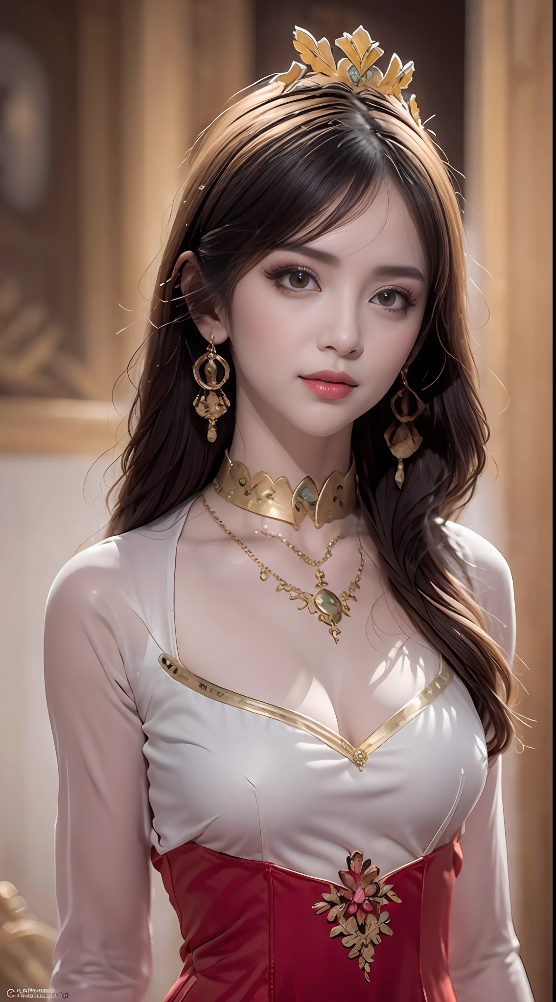 Portrait of a young 20-year-old saint, a saint with a beautiful and super cute face,Wearing a thin red dress with gold edging and glittering and sexy, Ao dai is studded with small sparkling pearls, beautiful cute face, Chinese cute doll, Ao dai with a deep slit in the chest and attractive black and white lace trim, beautiful face without blemishes, shut up, ((long hair seven colors rainbow:1.2)), big crown, hair brooch, hanfu dress, chinese ancient style, Neck and hand necklaces, small earrings, hair jewelry, hair brooches, ao dai with many meticulous motifs, forehead tattoo, The female saint's breasts are round and very full, breast augmentation, innocent face, The most beautiful and detailed light red lipstick, ((Thin plump lips:0.3)), ((Golden eyes:1.2)), The eyes are delicately decorated,(white and detailed) cinematic, light and dark, dramatic lighting, magical light, extremely detailed light, true color, super sharp, realistic, 8k quality, fantasy universe background, saints and magical space, the most detailed images, Solo, a saintess, ((looking directly at the saint's upper body:0.4)), ((smooth skin:0.5)), Extremely detailed pixels, super true, extremely detailed and complex graphics, the highest resolution, close-up portrait,