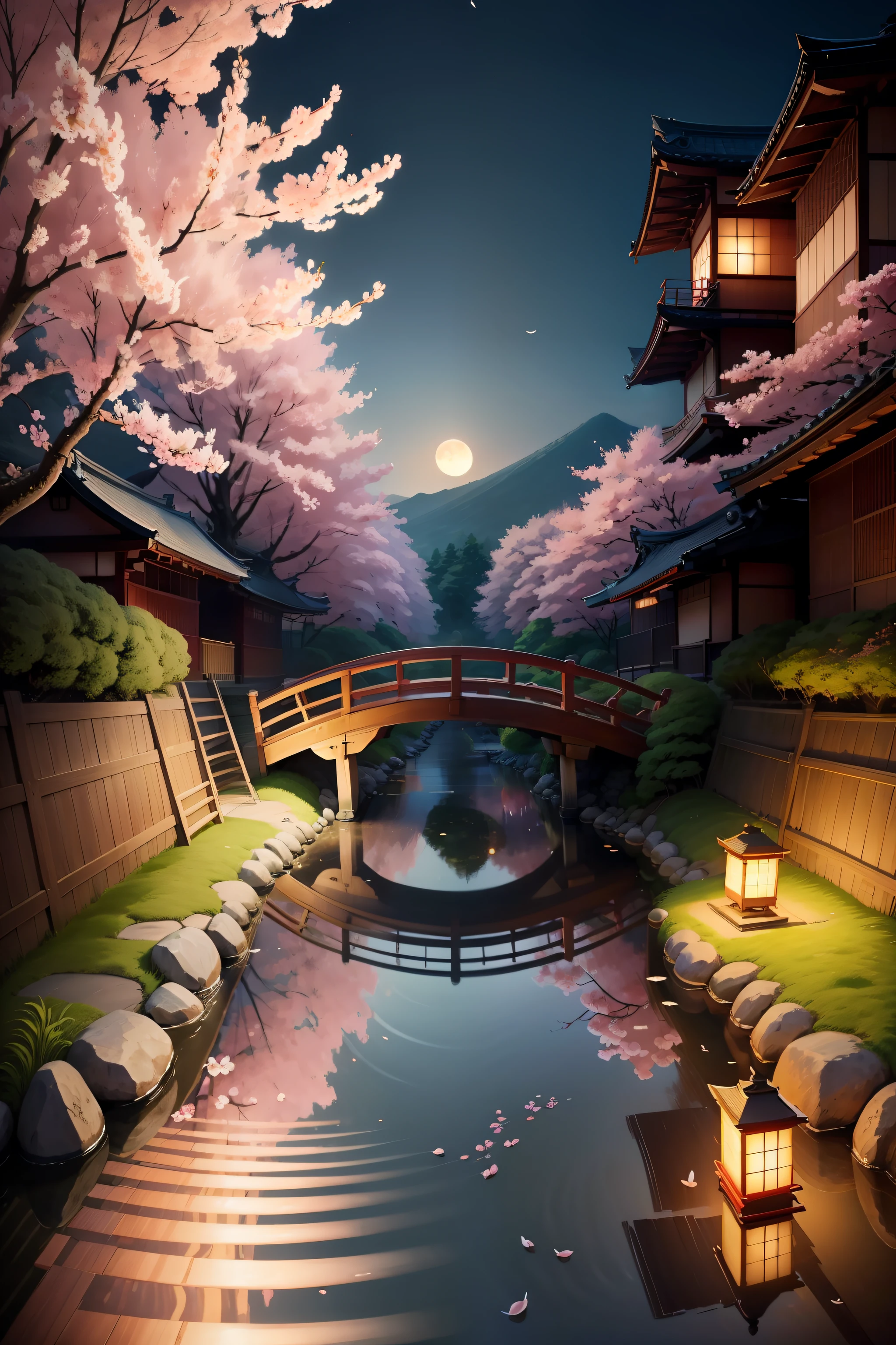 Digital Painting)、(top-quality)、Peaceful Japan Garden、cherry blossom in full bloom、Koi Pond、pedestrian bridge、pylons、Ukiyo-e Art Style、Hokusai's inspiration、Popular deviant art、8K Ultra Real、Pastel Color Schemes、Soft lighting、the golden hour、tranquil atmosphere、sideways Facing、Cherry blossoms on the left and right
