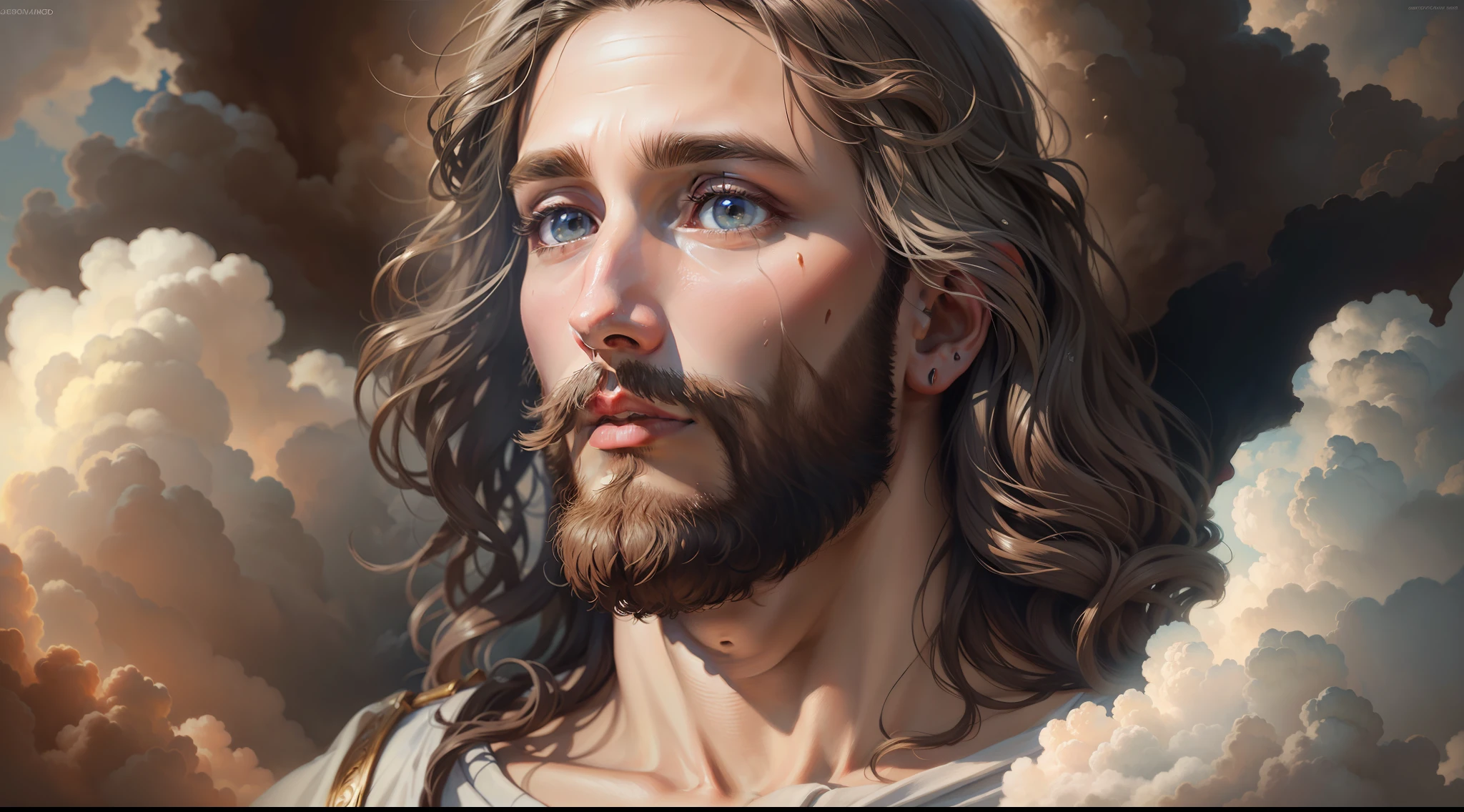 [a realistic close-up painting of Jesus amid the clouds of heaven]