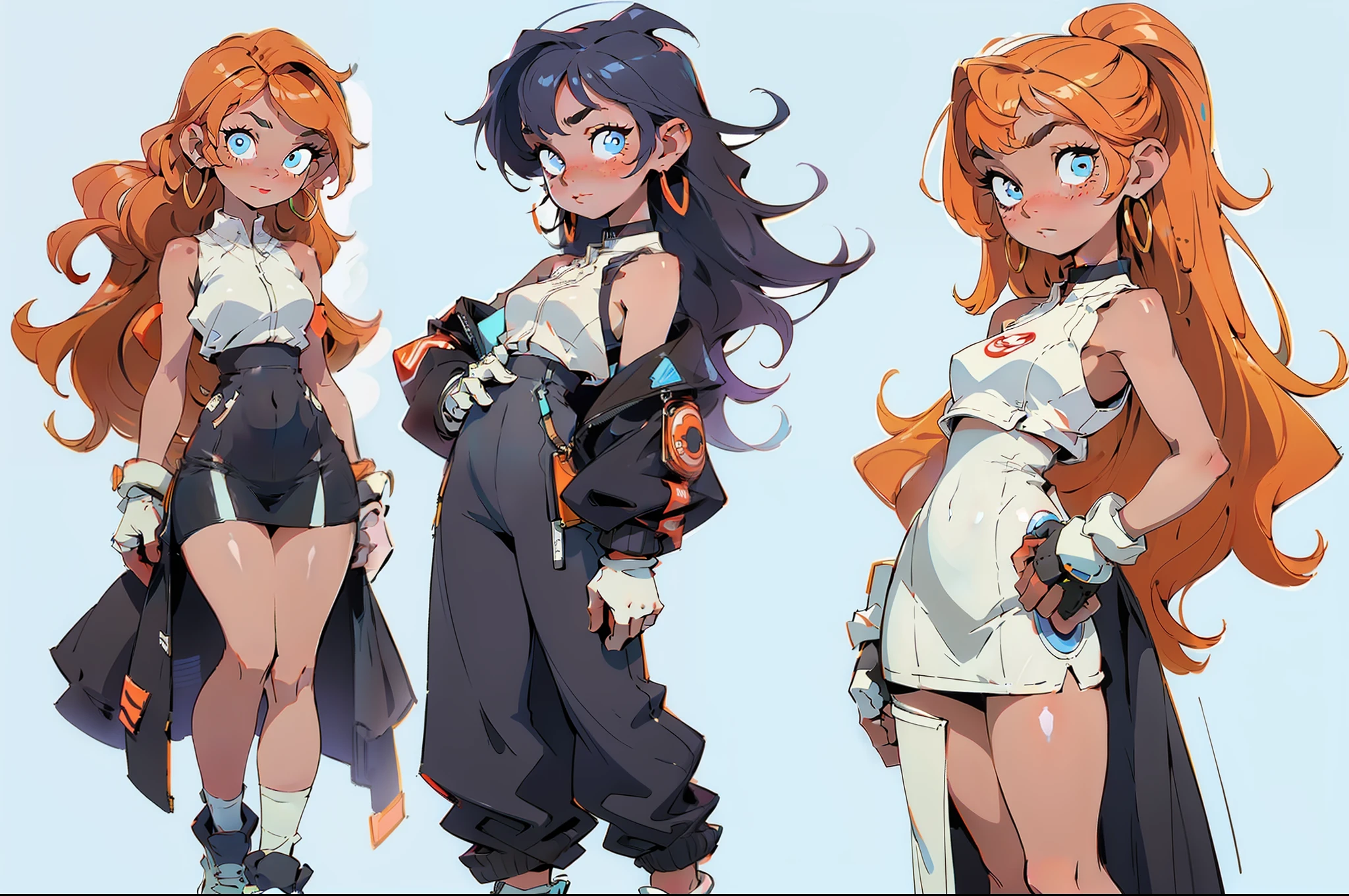 ((three sided view,full body,simple background,multiple views,highres)),tmasterpiece:1.6,best qualtiy:1.4,Live image:1.2,complexdetails:1.2,charturnerv2:1.2,1. Lady full body role change, allure:A MILF:1.25,being thin:1.3,Light blue eyes,mediuml breasts,finely-detailed eyes,Quality eyes, garments:Colorful sleeveless dress,Gold gloves Excipients:Simple hoop earrings、a black choker、small flowers in the hair、 the hair:blond hairbl,long whitr hair,semi curly hair, putting makeup on:naturey,Glossy glossy skin, (Single background,white backgrounid:1.3),multiple views,Multiple views of the same character in the same costume:1.3。