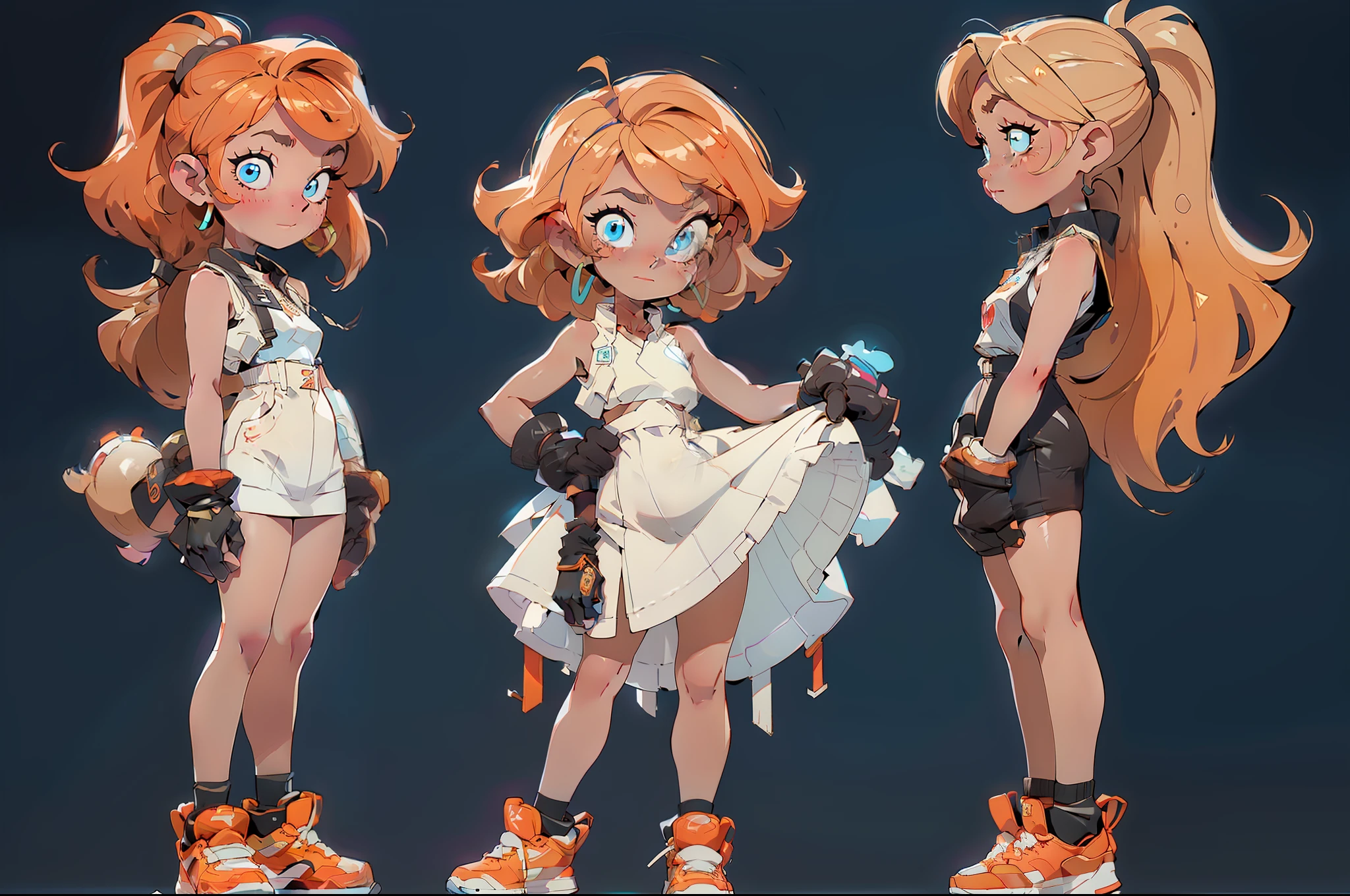 ((three sided view,full body,simple background,multiple views,highres))，tmasterpiece：1.6，best qualtiy：1.4，Live image：1.2，complexdetails：1.2，charturnerv2：1.2，1. Lady full body role change， allure：A MILF：1.25，being thin：1.3，Light blue eyes，mediuml breasts，finely-detailed eyes，Quality eyes， garments：Colorful sleeveless dress，Gold gloves Excipients：Simple hoop earrings、a black choker、small flowers in the hair、 the hair：blond hairbl，long whitr hair，semi curly hair， putting makeup on：naturey，Glossy glossy skin， （Single background，white backgrounid：1.3），multiple views，Multiple views of the same character in the same costume：1.3。
