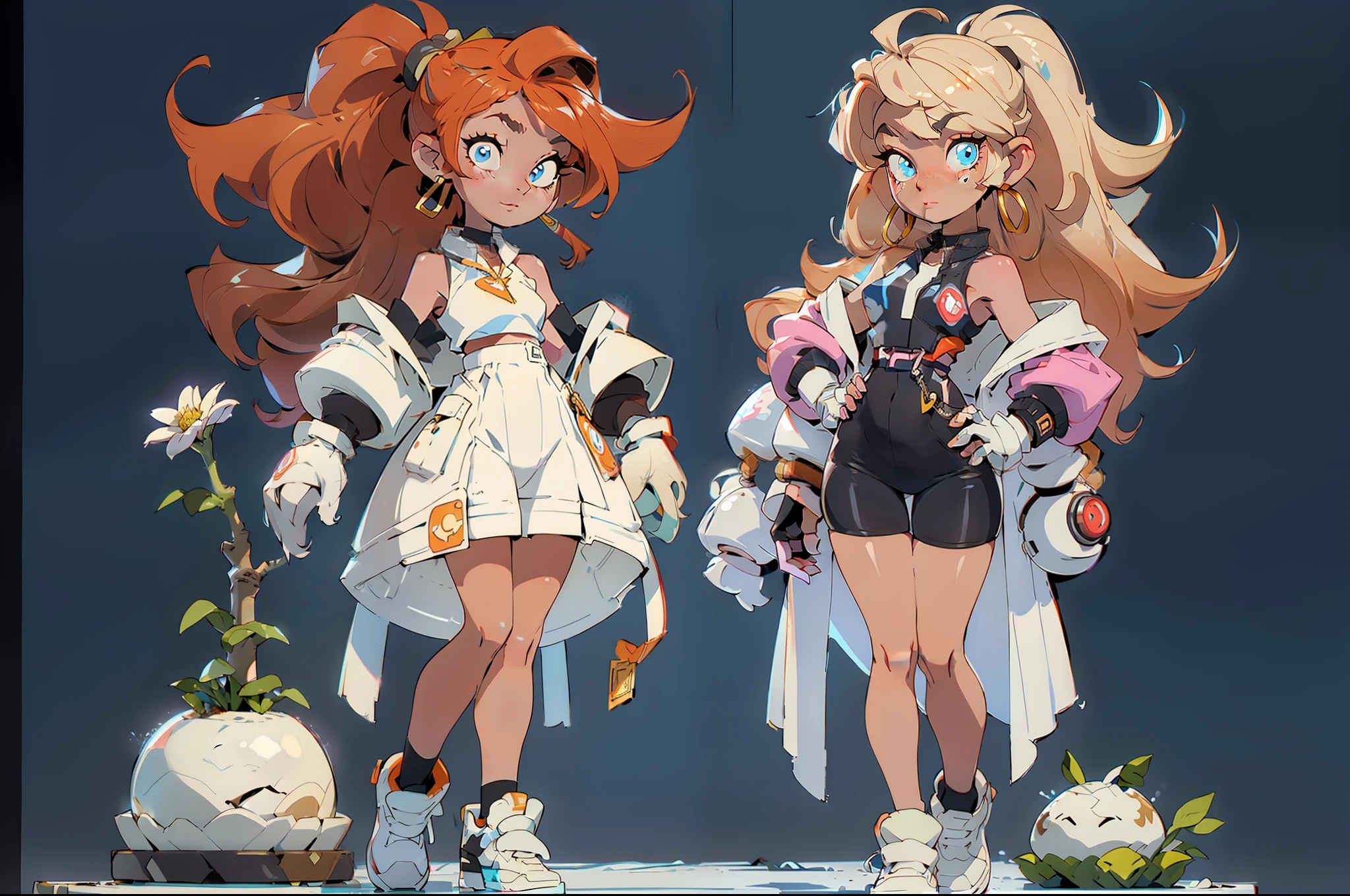 ((three sided view,full body,simple background,multiple views,highres))，tmasterpiece：1.6，best qualtiy：1.4，Live image：1.2，complexdetails：1.2，charturnerv2：1.2，1. Lady full body role change， allure：A MILF：1.25，being thin：1.3，Light blue eyes，mediuml breasts，finely-detailed eyes，Quality eyes， garments：Colorful sleeveless dress，Gold gloves Excipients：Simple hoop earrings、a black choker、small flowers in the hair、 the hair：blond hairbl，long whitr hair，semi curly hair， putting makeup on：naturey，Glossy glossy skin， （Single background，white backgrounid：1.3），multiple views，Multiple views of the same character in the same costume：1.3。