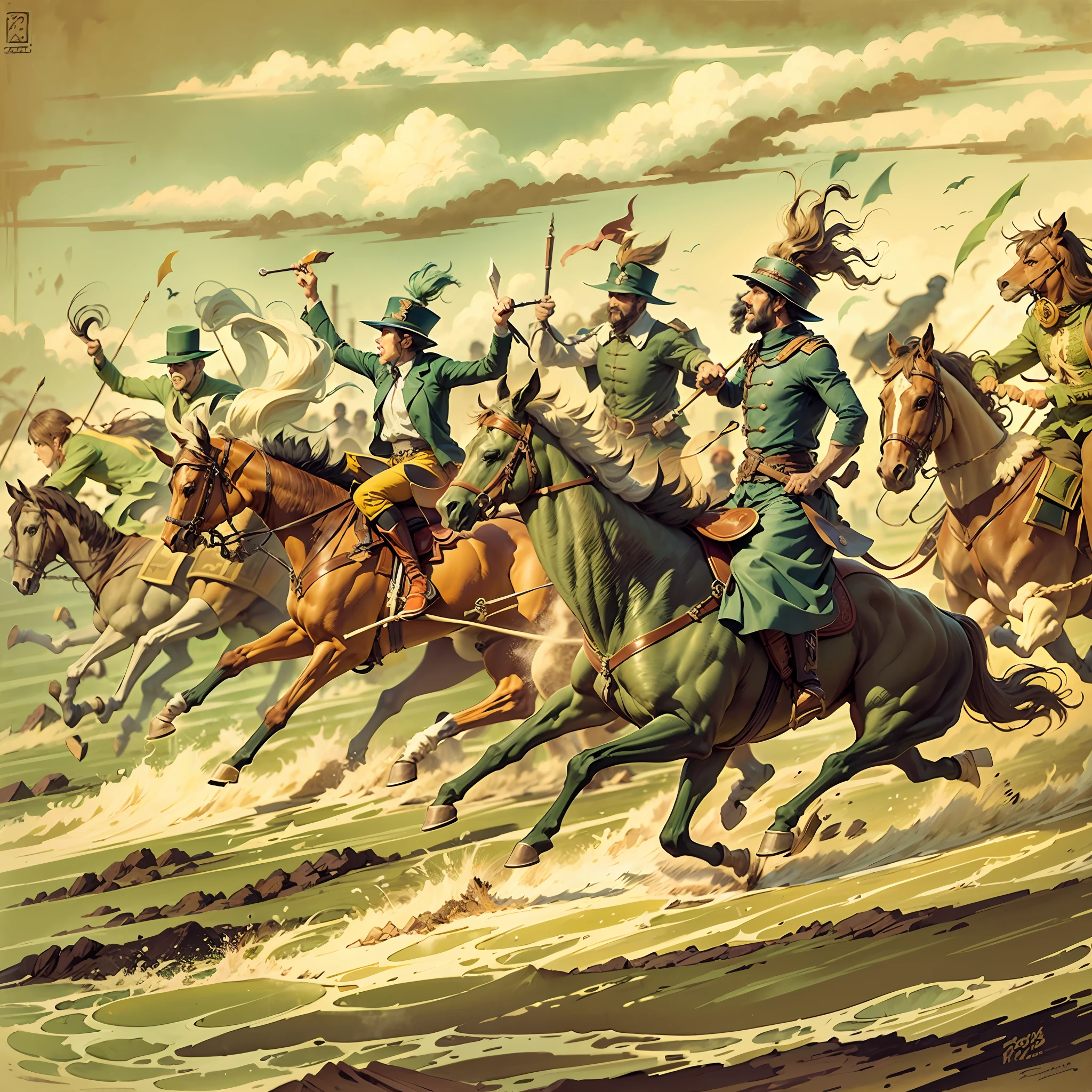 Ancient surreal illustration, cavalos velhos saltando desenho, raposas, perdigueiros, Aged illustration, journal, estilo antigo, sharp foccus ilustration, finely illustrated illustration