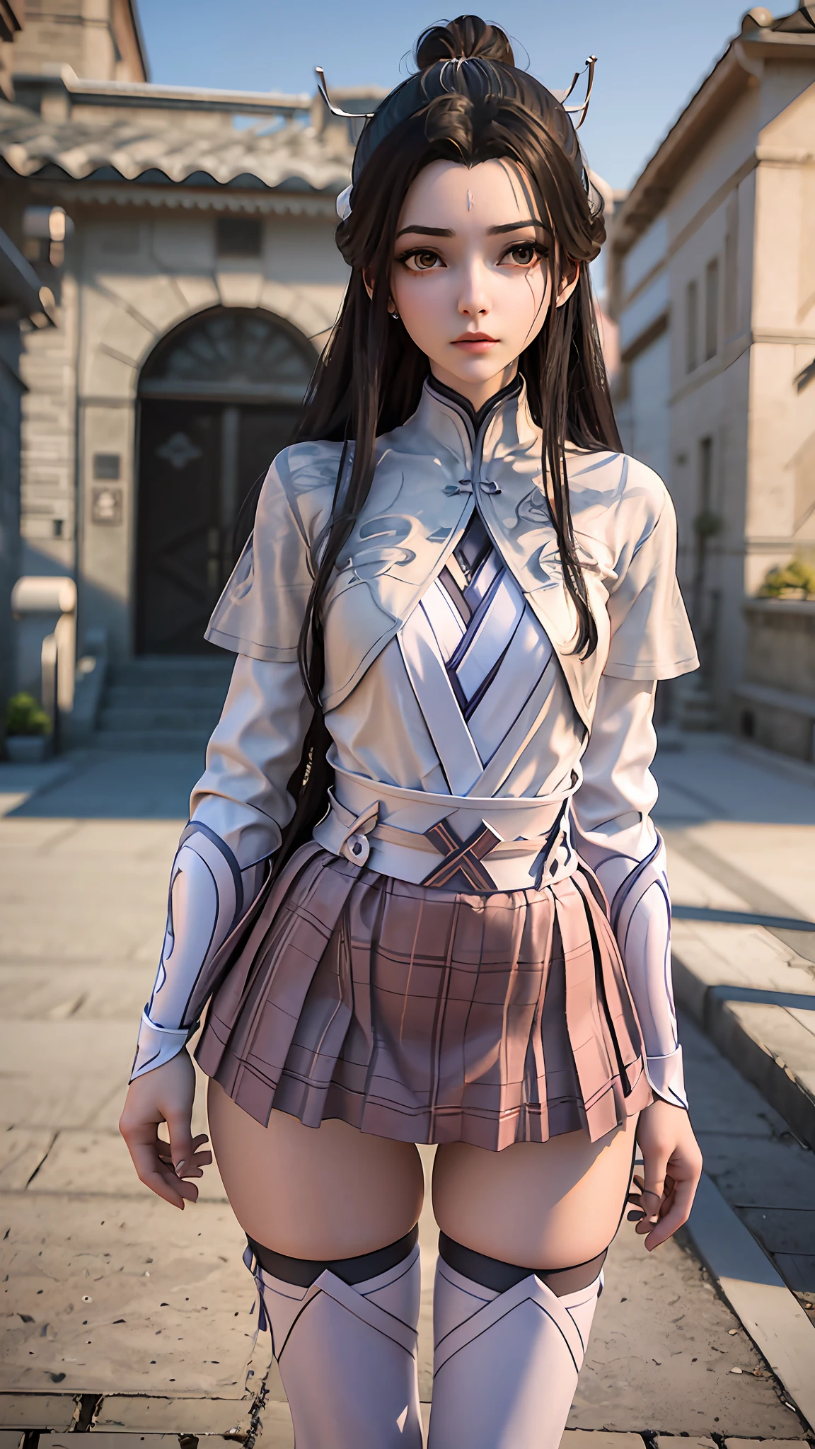 Arad woman posing for photo in short skirt and white shirt, Surrealism female students, Surrealism female students, Realistic schoolgirl, photorealistic anime girl rendering, thighhighs and skirt, 3 d anime realistic, small curvaceous loli, wearing skirt and high socks, Photorealistic anime, cute female student, Realistic anime 3 D style, female student