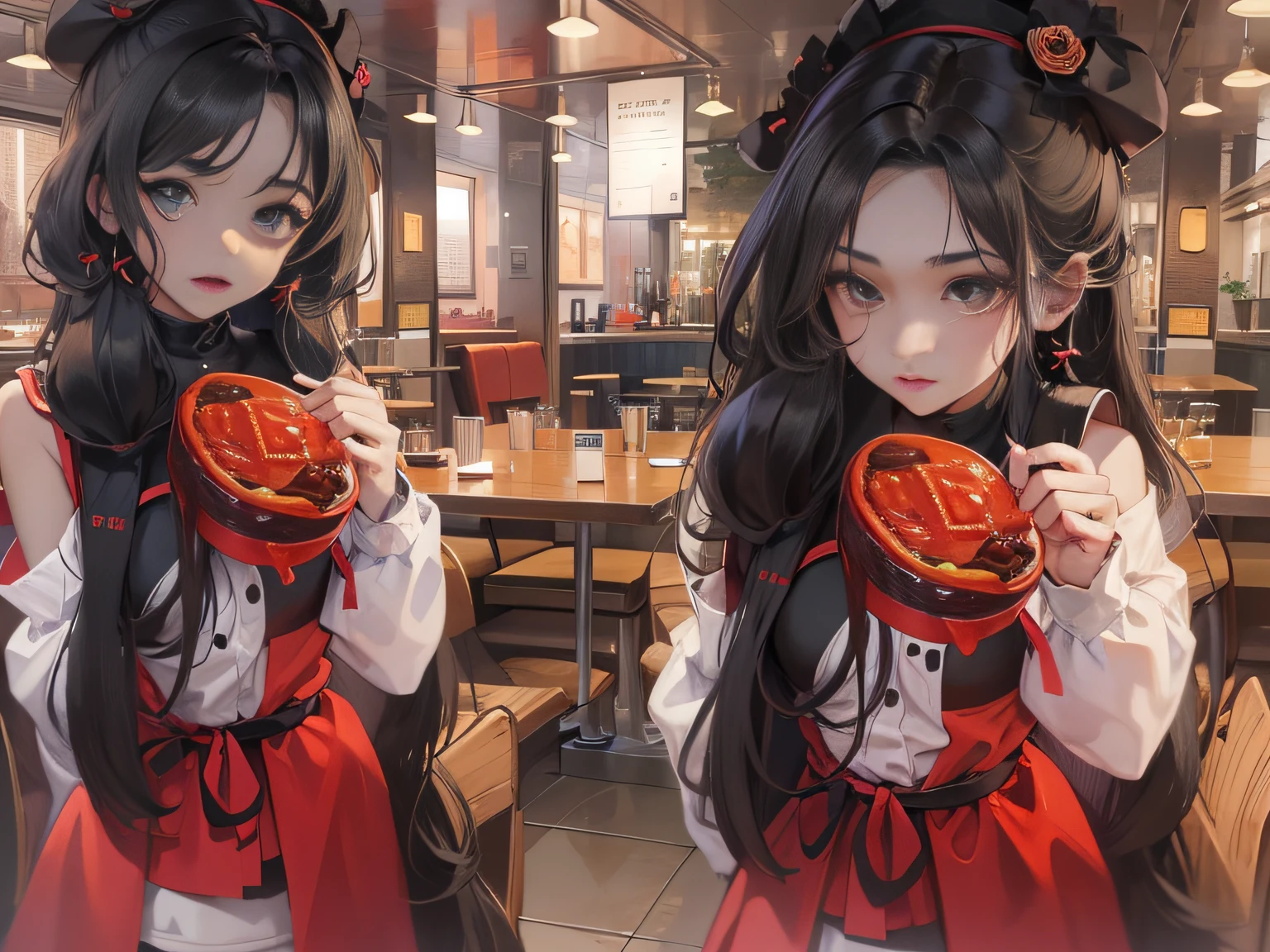 grand master，tmasterpiece，8k wallpaper，CG，Ultra-high image quality，light and shadow effect （A 20-year-old girl，She has long black hair and a long red dress：1.8） （1 person：1.9） （scare：1.9）（Upper body display：1.6） restaurant