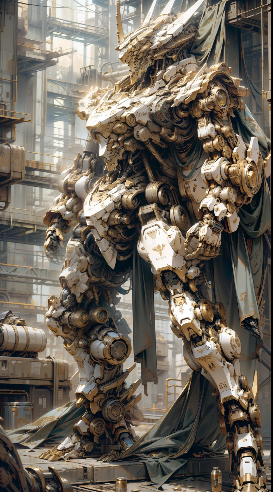 Tall mech, armor, robot, (golden can), cyberpunk style, mecha covered with dragon pattern, huge body, (complex structure), super detailed detail, ruins background, full body shot, 8K, super clear, super HD, super realistic, super real