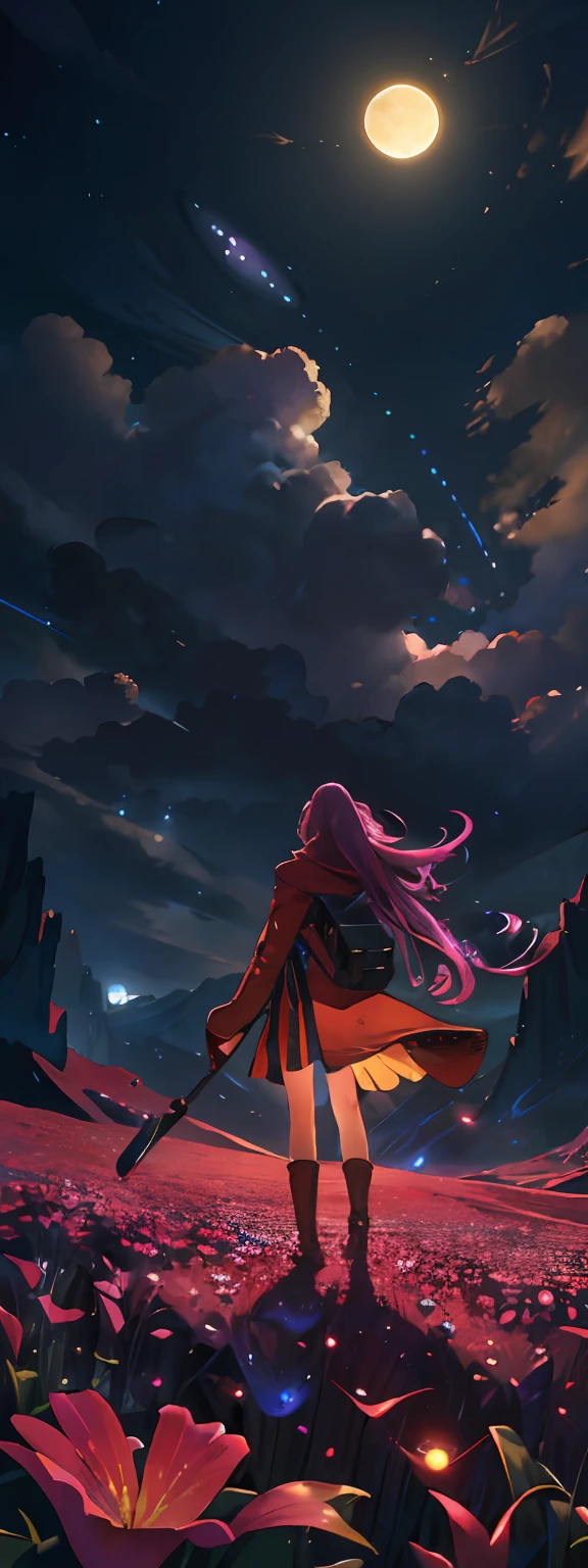 expansive landscape photograph , (a view from below that shows sky above and open field below), a girl standing on flower field looking up, (full moon:1.2), ( shooting stars:0.9), (nebula:1.3), distant mountain, tree BREAK
production art, (warm light source:1.2), (Firefly:1.2), lamp, lot of purple and orange, intricate details, volumetric lighting, realism BREAK
(masterpiece:1.2), (best quality), 4k, ultra-detailed, (dynamic composition:1.4), highly detailed, colorful details,( iridescent colors:1.2), (glowing lighting, atmospheric lighting), dreamy, magical, (solo:1.2)