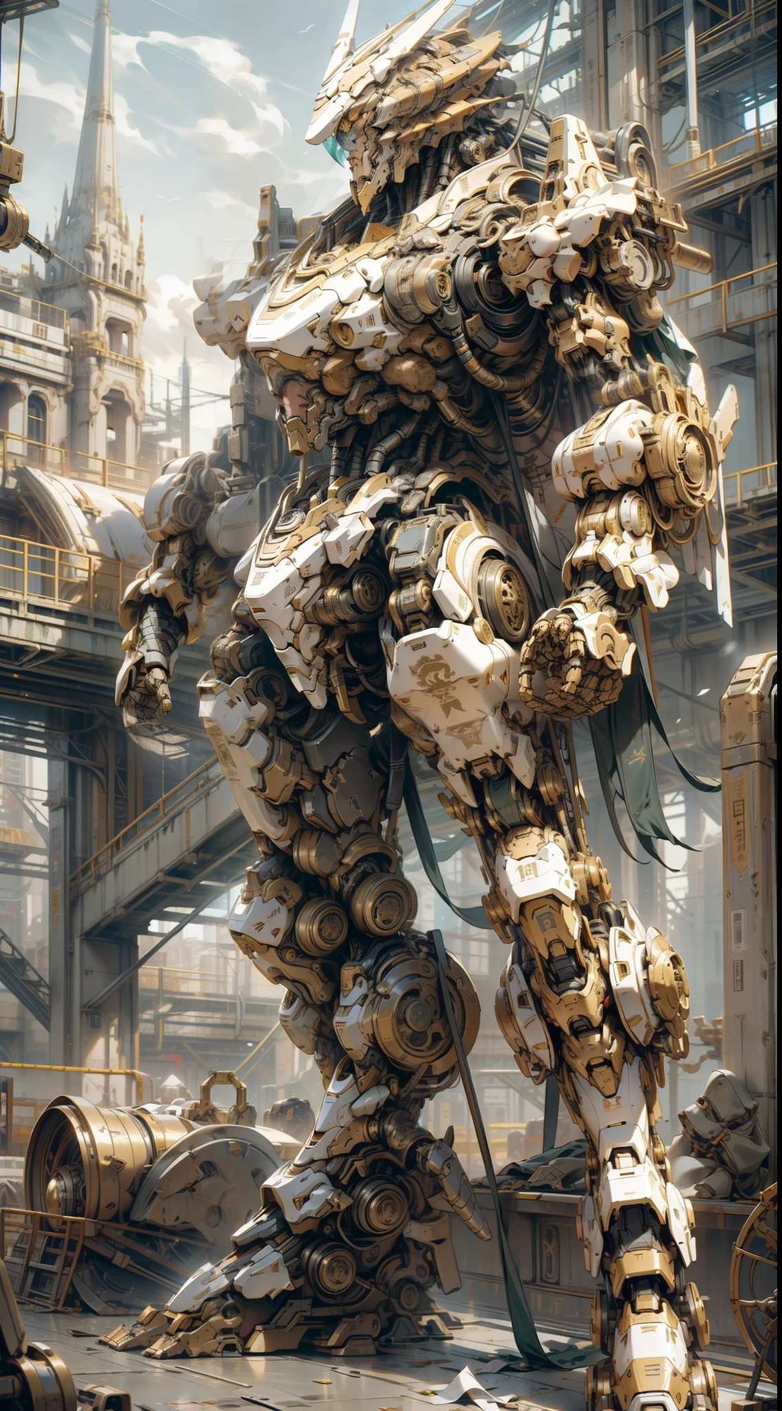 Tall mech, armor, robot, (golden can), cyberpunk style, mecha covered with dragon pattern, huge body, (complex structure), super detailed detail, ruins background, full body shot, 8K, super clear, super HD, super realistic, super real