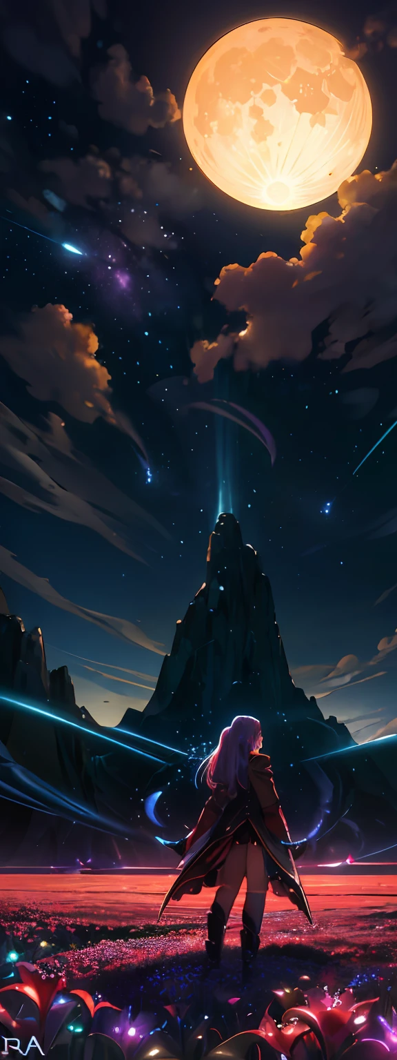 expansive landscape photograph , (a view from below that shows sky above and open field below), a girl standing on flower field looking up, (full moon:1.2), ( shooting stars:0.9), (nebula:1.3), distant mountain, tree BREAK
production art, (warm light source:1.2), (Firefly:1.2), lamp, lot of purple and orange, intricate details, volumetric lighting, realism BREAK
(masterpiece:1.2), (best quality), 4k, ultra-detailed, (dynamic composition:1.4), highly detailed, colorful details,( iridescent colors:1.2), (glowing lighting, atmospheric lighting), dreamy, magical, (solo:1.2)
