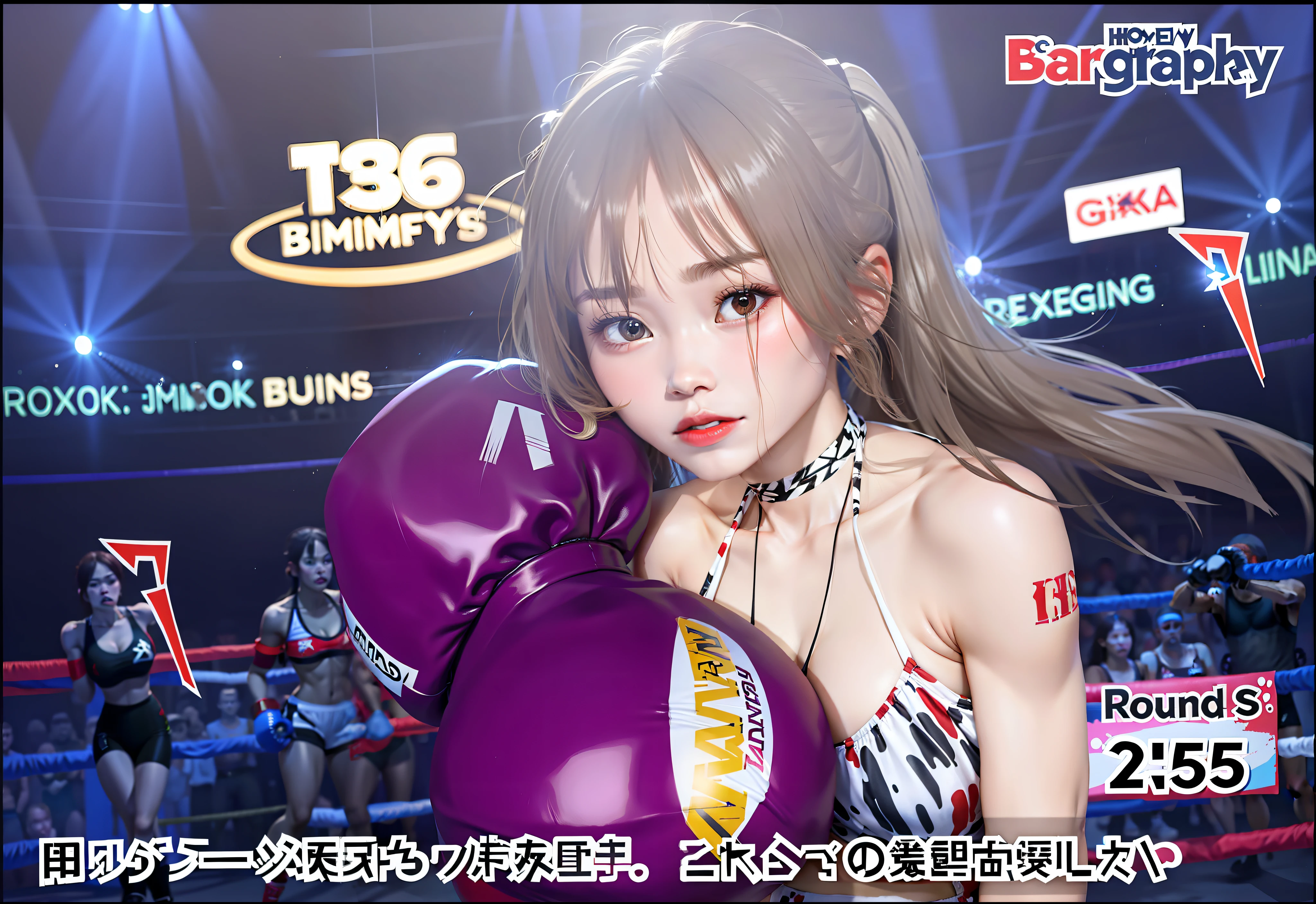 there is a woman in a  and boxing fight, bloods, brutal, sweet