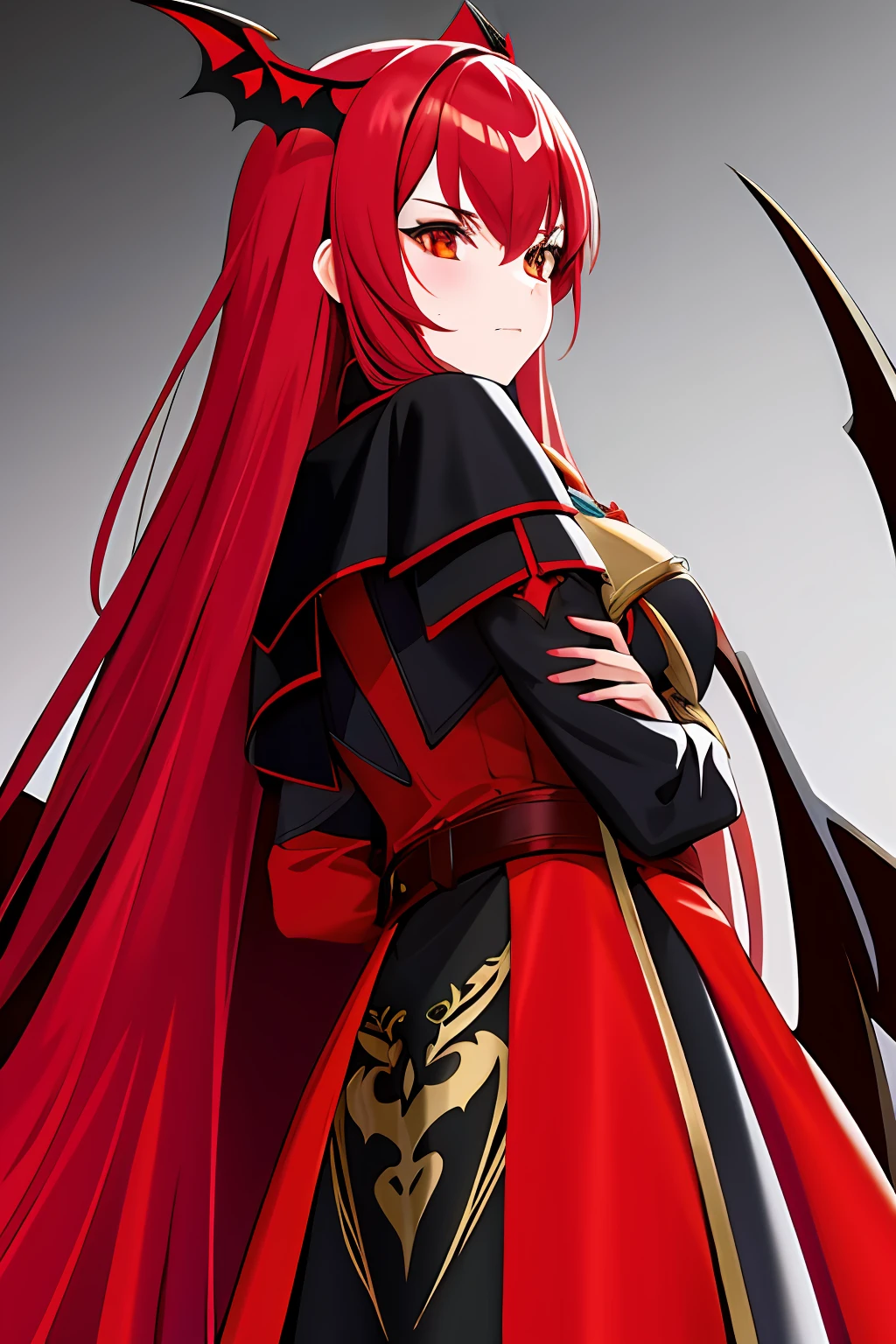 girl crossed arms on her chest plate heavy black-red armor the coat of arms of bats crimson moon from behind an evil look long ashy hair eyes of different colors anime