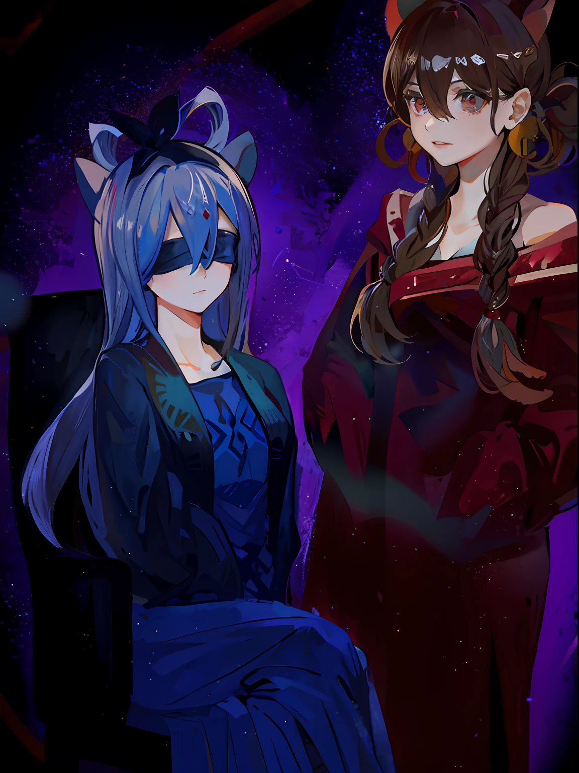 A brown hair,red color eyes,The girl in the red ancient clothes was next to a girl in the blue ancient clothes,Blindfolded,Villain,quadratic element,ancientry