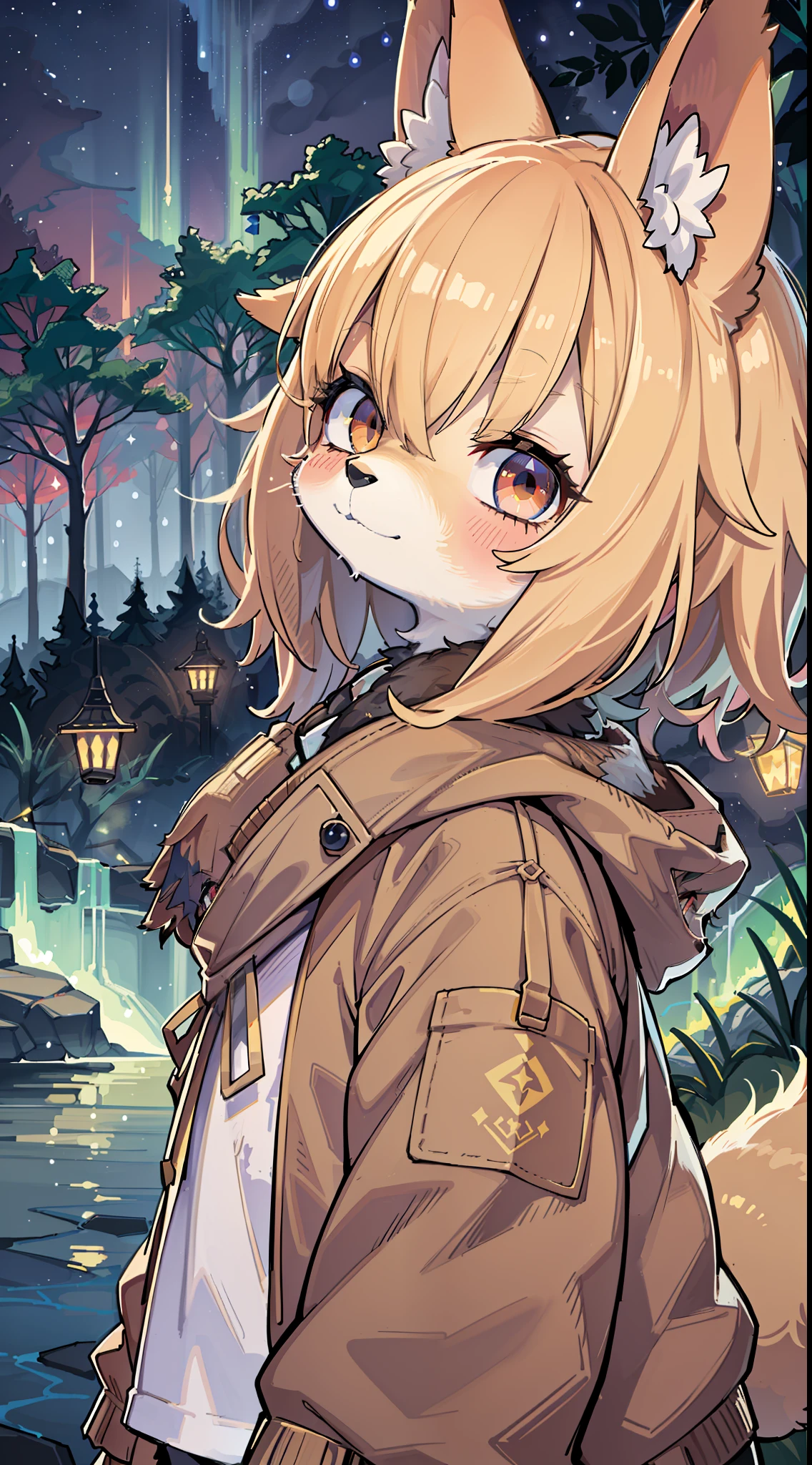 Shota the fox,hairy pubic,shaggy,Skin fur,Golden fur,Golden yellow face fur,Short straight blonde hair,Eyes have light,Red eyes,Brown elements on fur,Brown coat brown hood up,White top,brown shorts,Beautiful lights and shadows,Ambient light,Ultra-fine fur,volumettic light,natural lightting,fox tails,Fluffy tail,No Man, Glowing tree,Lake, dark scenery, rain,Night,starrysky,Vast landscape,crossed bangs, Hairline, Shiny hair, lone nape hair, ,The smiley face has a faint blush, smiley,Sleepy,(Oversized Full Moon:1.2),(meteors:0.9),(Starcloud:1.3)(Warm light source:1.2),aurora,nevando,snowfield, Extra-long sleeves, Purple and orange,Complicated details,Volumetriclighting,Realist breakthrough(tmasterpiece:1.2)(best qualtiy),4K,Ultra-delicate,(Dynamic configuration:1.4),Highly detailed and colorful details,(Irridescent color :1.2),(luminouslighting,Atmospheric lighting),dream magical,magic,独奏,Glowing light,Light blush, ,Single