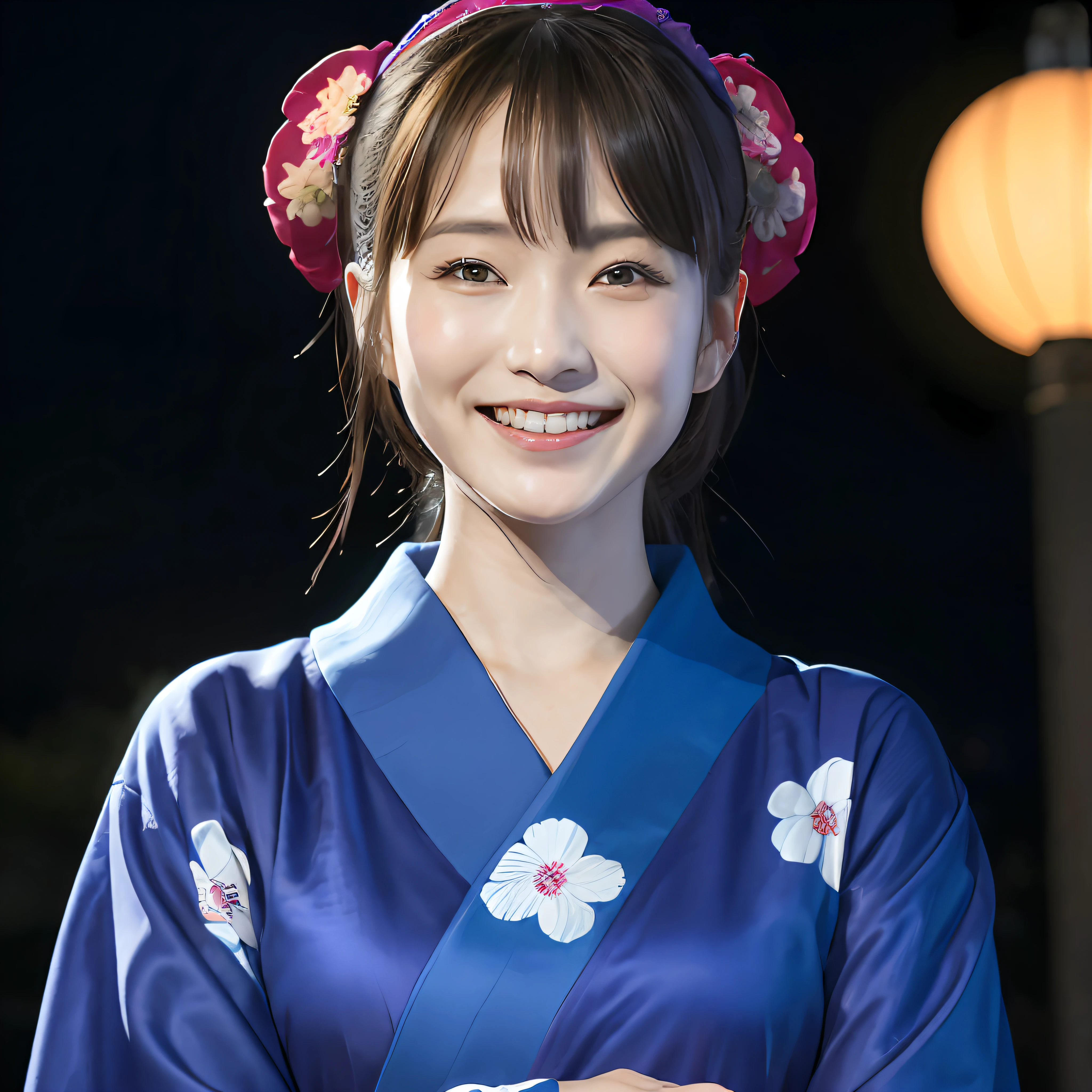 ((masterpiece、top-quality、ultra-definition、hight resolution))、4K.独奏、Beautiful woman at 33 years old、Korea person、Slimed、the perfect body、Beautiful sister、Yukata、The background is a night festival、Japan Yukata