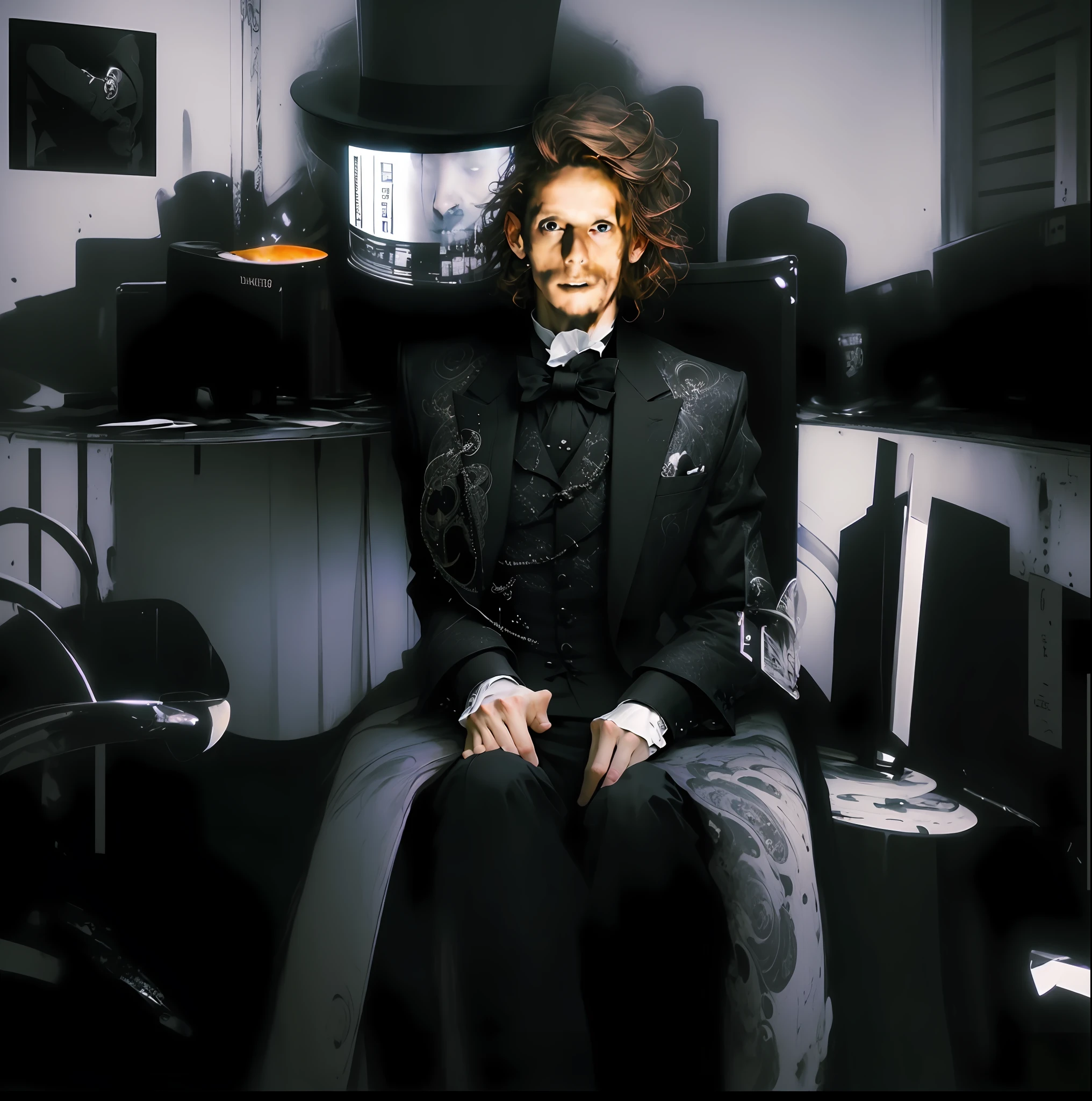 Illusionist wearing a mystical top hat with a dark, super realistic theme