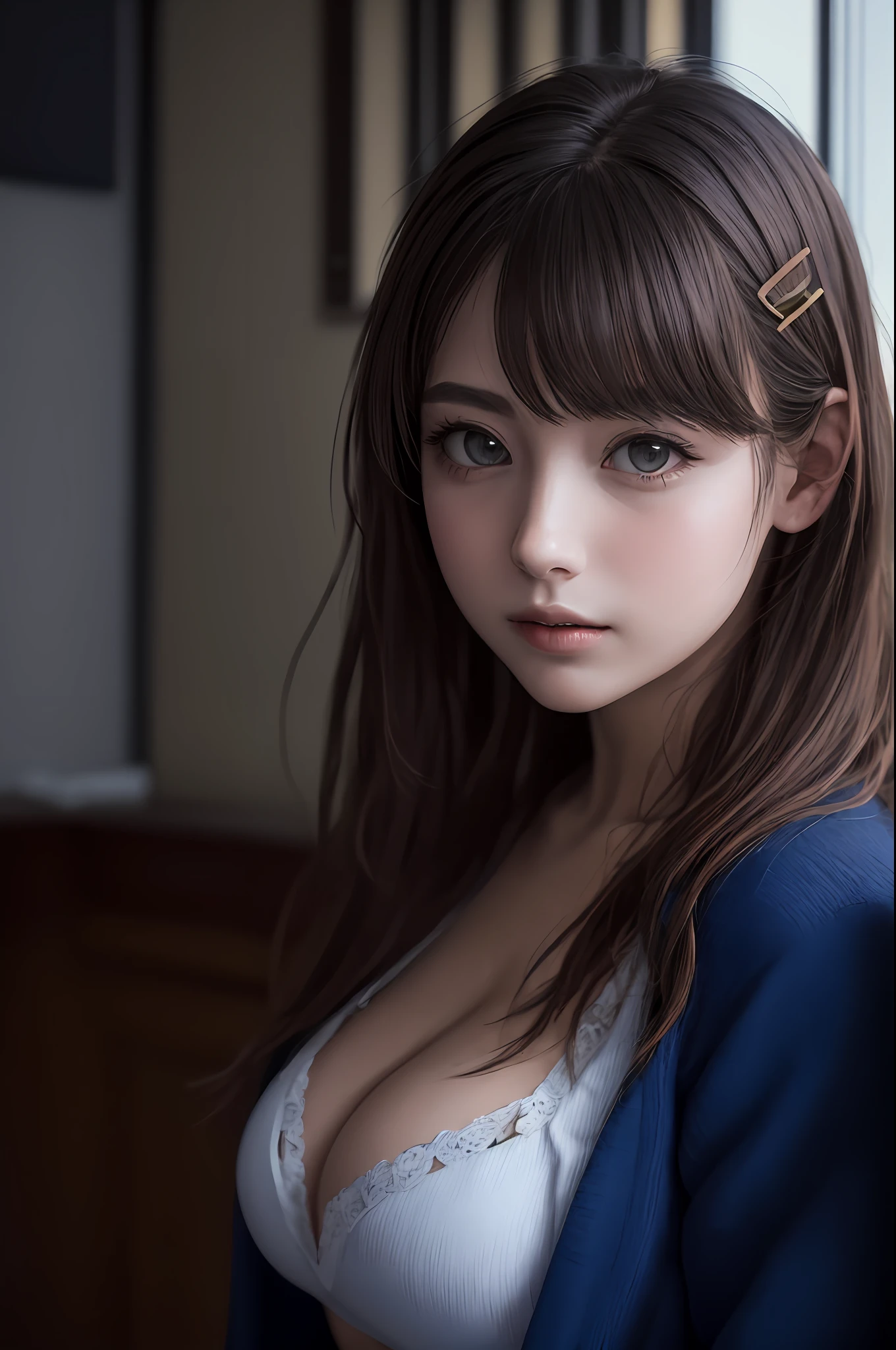in 8K, beste Quality, Real Image, with intricate details, Super Detail, ultra-highres, Depth Field,(photorealestic,Realstic:1.2),masterspiece, from miiddle ,1girls, an extremely beautiful -yeld gi (Brown hair),tousled hair,(hair clips), perfect glossy skin, flawless skin, Fair skin, a large breast, cleavage breasts, Narrow waist, thin blush, 独奏, looking at the viewers,(((Student uniforms)))、(Blue pleated skirt)、(Gravure Pose:1.1)、Very bright lighting、High School in Japan