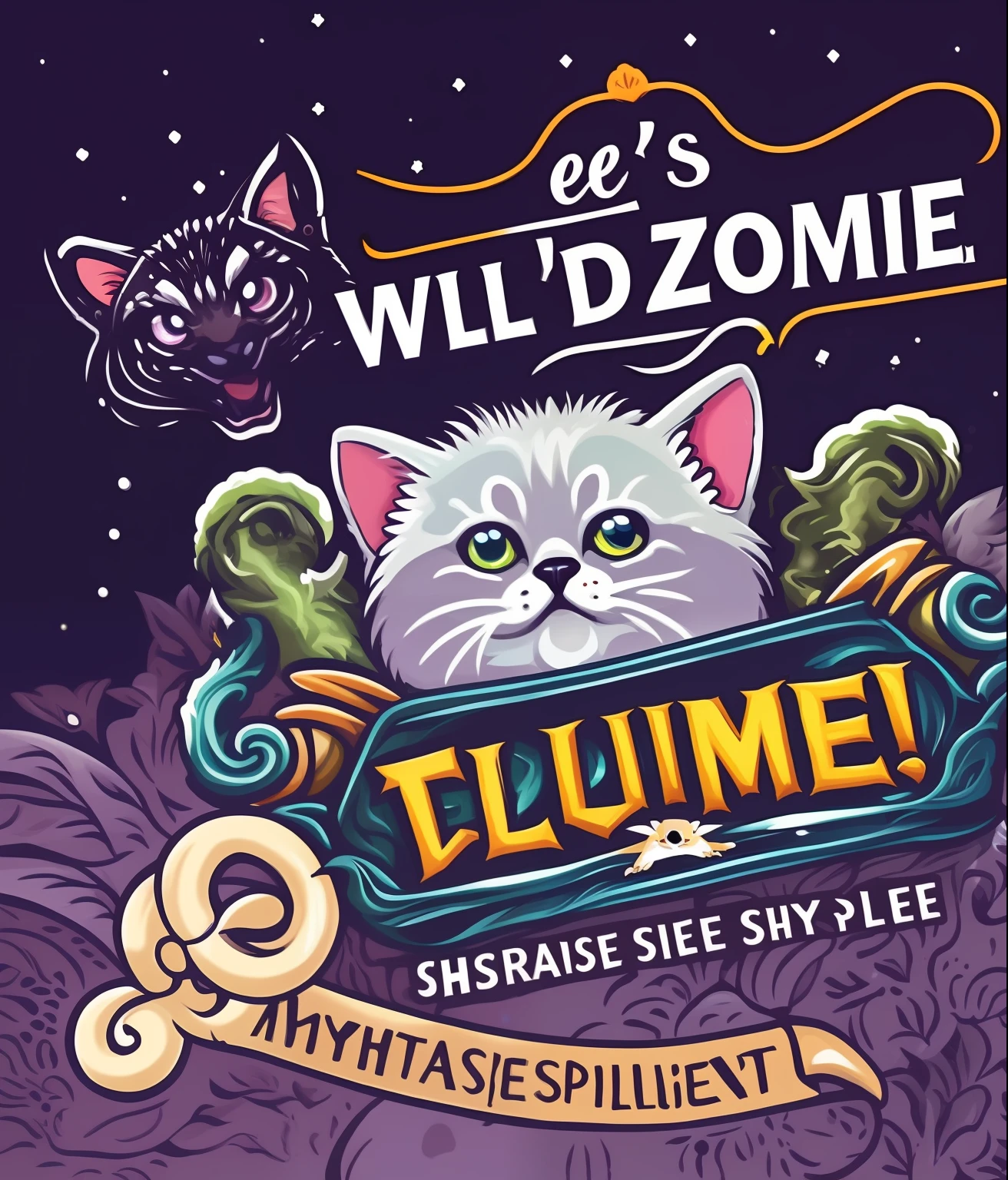 「let's」text saying、Wild Back Zombie King、Mystical thriller、colourfull、Vintage style、(tshirt design)、Masterpiece realistic volumetric light、A kitten、Crisp eyes、kawaii faces、American Shorthair