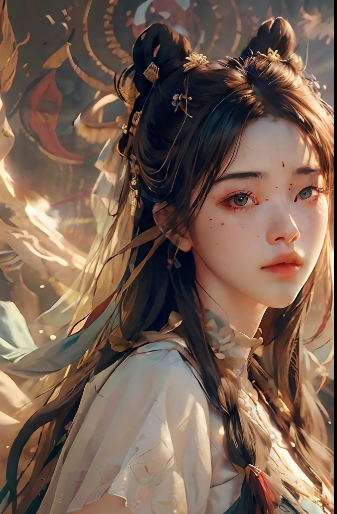 (RAW photo, best quality), (realistic, photo-realistic:1.3),best quality,highly detailed,masterpiece,ultra-detailed,illustration,1girl,upper_body,dynamic angle,world masterpiece theater,messy_long_hair,best quality,extremely detailed CG unity 8k wallpaper,ink,Amazing,cinematic lighting,lens_flare, dunhuang_style
