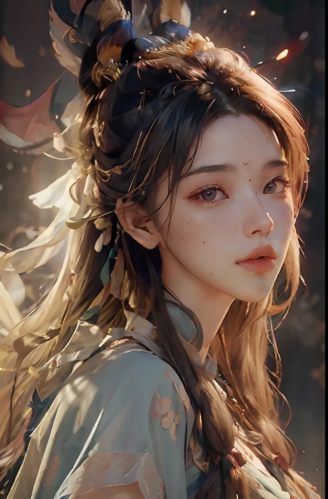 (RAW photo, best quality), (realistic, photo-realistic:1.3),best quality,highly detailed,masterpiece,ultra-detailed,illustration,1girl,upper_body,dynamic angle,world masterpiece theater,messy_long_hair,best quality,extremely detailed CG unity 8k wallpaper,ink,Amazing,cinematic lighting,lens_flare, dunhuang_style