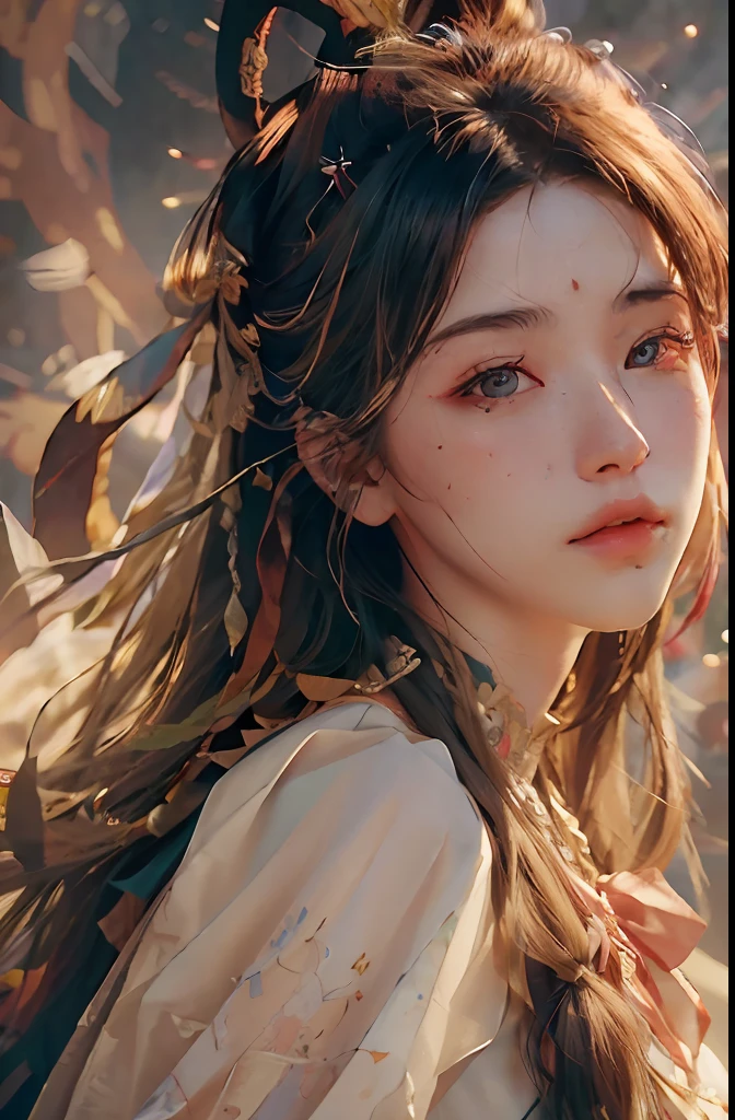 (RAW photo, best quality), (realistic, photo-realistic:1.3),best quality,highly detailed,masterpiece,ultra-detailed,illustration,1girl,upper_body,dynamic angle,world masterpiece theater,messy_long_hair,best quality,extremely detailed CG unity 8k wallpaper,ink,Amazing,cinematic lighting,lens_flare, dunhuang_style