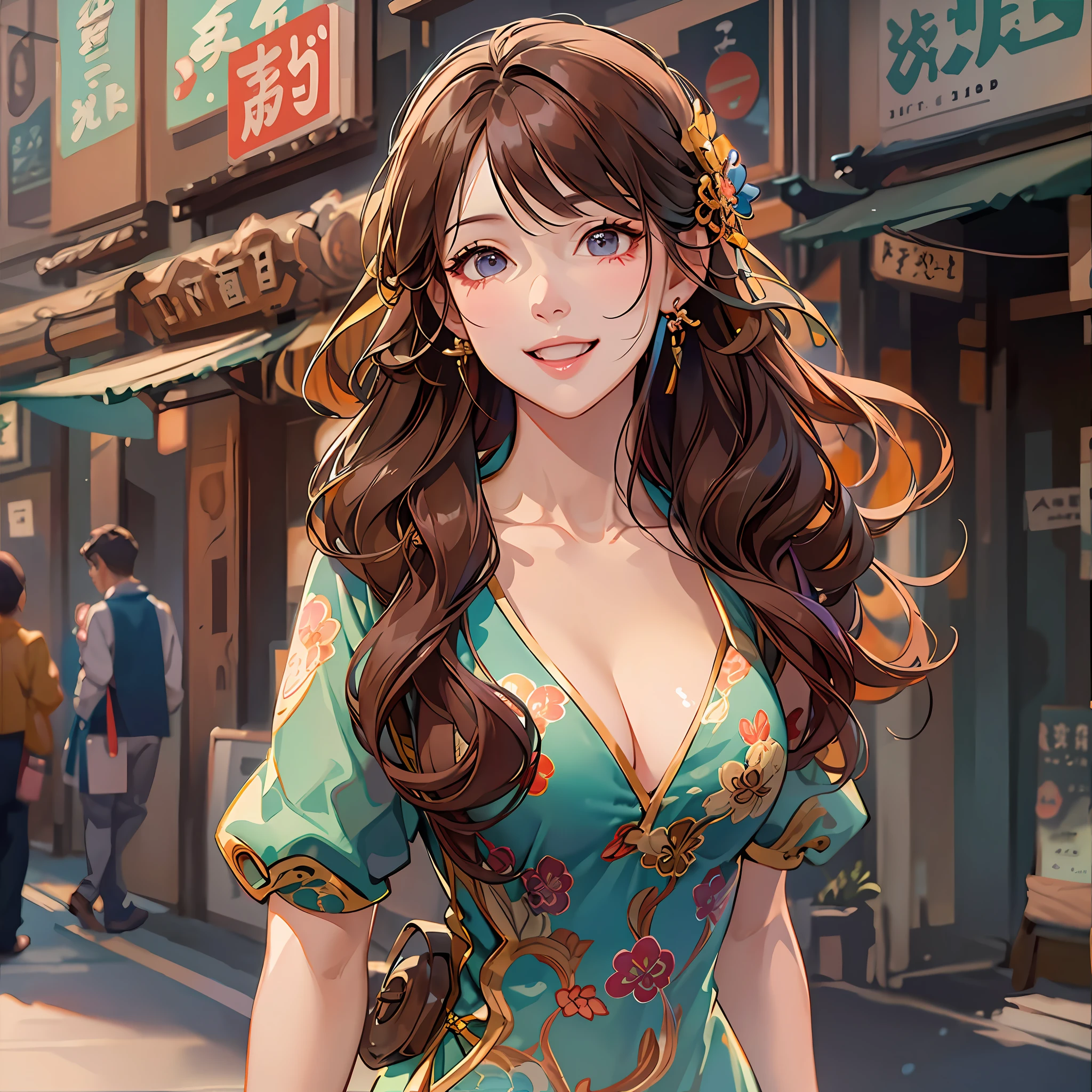 Masterpiece, Professional lighting, photon maping, Radio City, Physically-based rendering,Close-up Shot Shot，A beautiful sexy woman on the street，Long burgundy wavy hair，Wearing a cheongsam，Bumpy figure，Smiling，cartoonish style，Colorful stills，Port wind，Cartoony。Front couple center composition