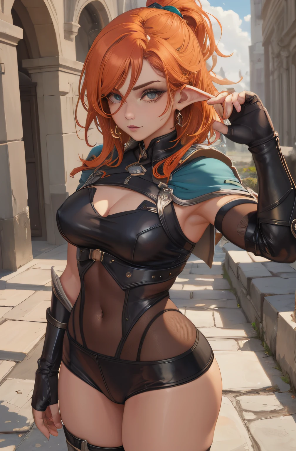8k,master part, Qualidade BSET,Big, (1 girl), verde_olho, orange hair, short hair, professional lighting, (pele brilhante: 1.2), grande brilhante, ((melhor qualidade)), foco nítido: 1.2, Textura altamente detalhada do rosto e da pele, Olhos detalhados, rosto perfeito, Corpo Perfeito, blur art, CG, Background Story, seios grandes, Presence (20 anos, rosto maduro, fresco e bonito), Usando ((saia azul), camisa branca, coxa), corar, (Mittgal), randome pose, Top view, olho perfeito, cara de raiva, elf girl