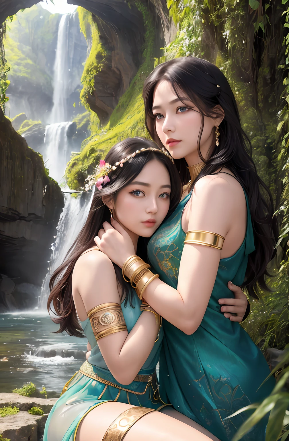 ((Realistic:1.5)),Ulzzang-6500:1.4,((Best quality)), ((Masterpiece)),((Detailed)),2girls,duo,{2 beautiful women}, (Upper body:1.3),Hug and touch each other, Tease your friend's waist, Breathless friends, Biting a friend's earlobe, crouched,super wide shot,Face focus, Long legs,Curvy, Barefoot,Wide hips, Thin legs, Oversized eyes,Long eyelashes, (Detailed face,beautidful eyes, detailedpupils,detailed clothes features, Clear background:1.3), (armlets, bangle:1.3), Mysterious ancient ruins, floresta exuberante, Deep canyon,bridge,River,cliff,Cloud,lakes,Rock music,Waterfalls, Flowers, Grass,grape trees,tree,bright detail,Sharp,Perfect compounding, Intricate, Sharp focus, Dramatic,