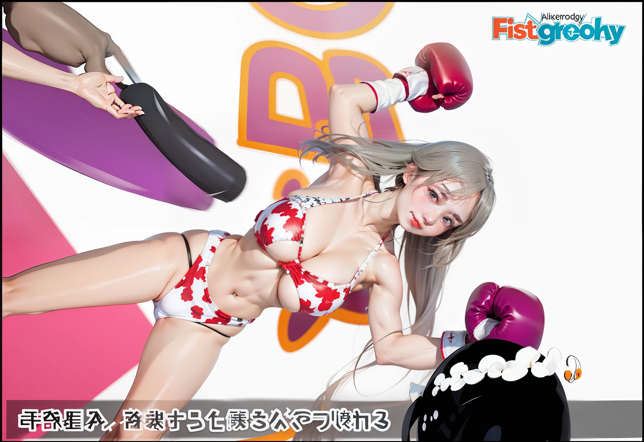 there is a woman in a bikini and boxing fight, bloods, brutal, sweet