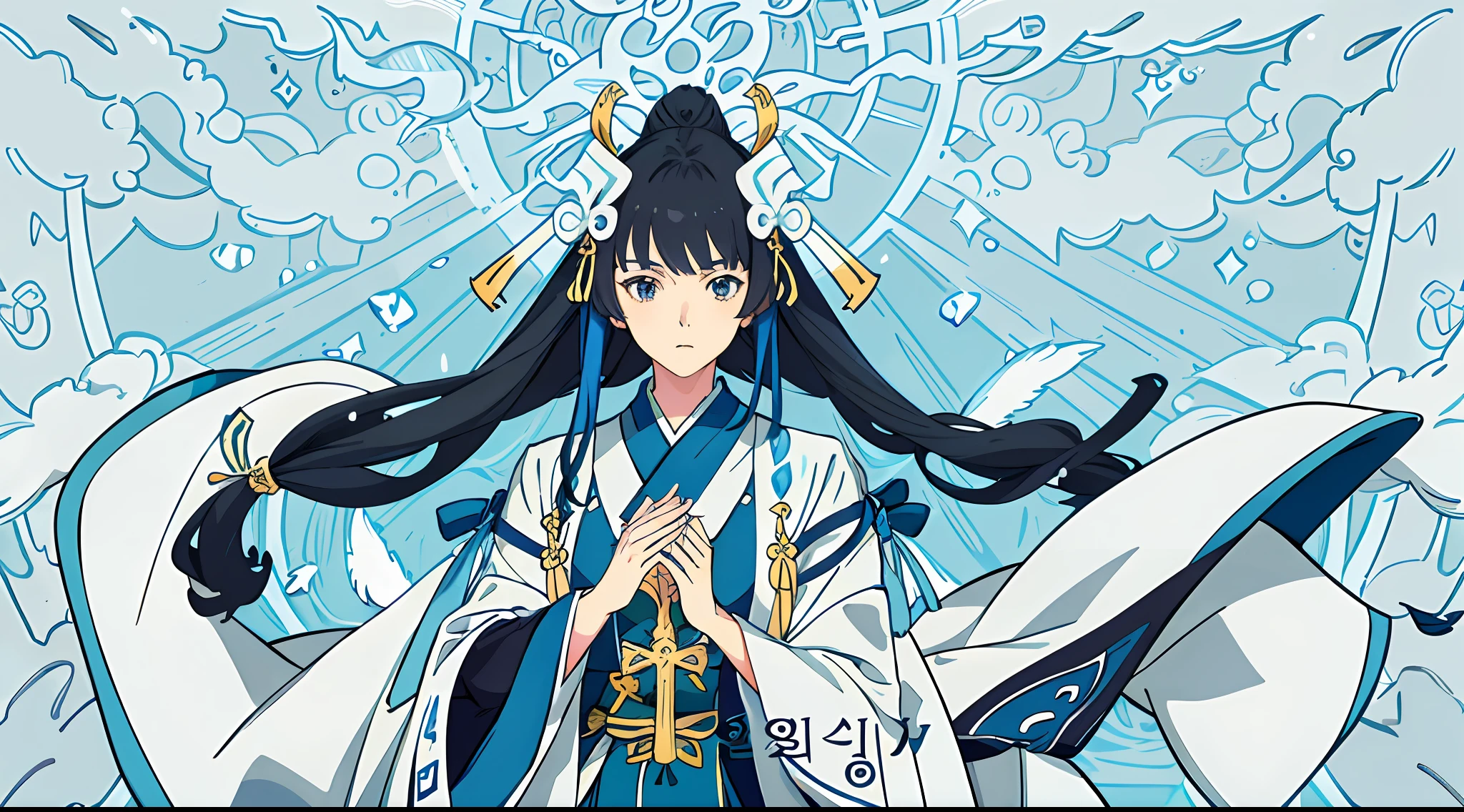 Anime characters wearing blue dresses and white robes with swords, korean art nouveau anime, Palace , A girl in Hanfu, anime illustration, Anime style illustration, Digital anime illustration, anime art nouveau, Detailed fanart, anime graphic illustration, beautiful anime art style, black-haired mage, sengoku - era art style, Anime fantasy illustration, Anime goddess