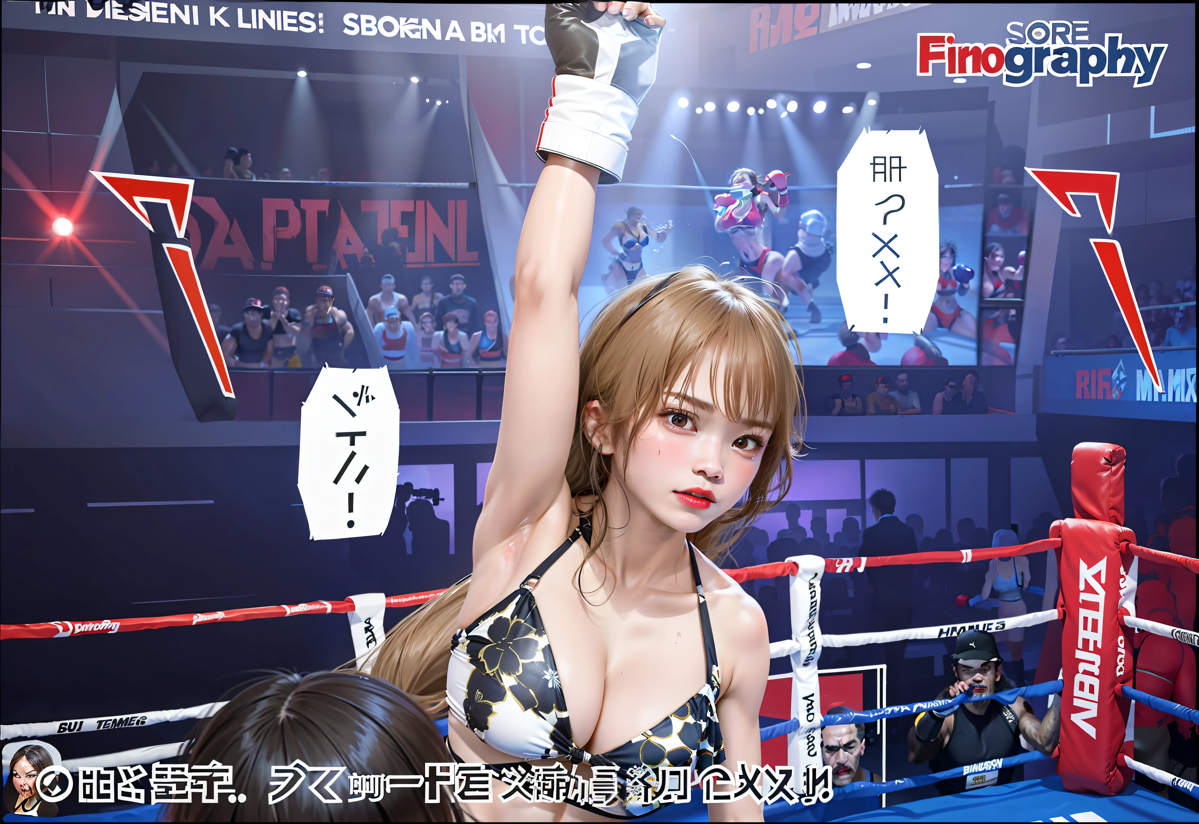 there is a woman in a bikini and boxing fight, bloods, brutal, sweet
