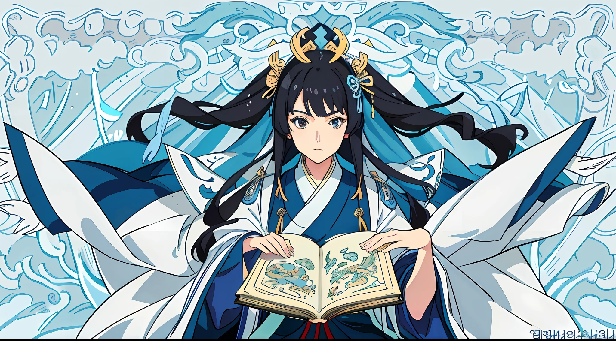 Anime characters wearing blue dresses and white robes with swords, korean art nouveau anime, Palace ， A girl in Hanfu, anime illustration, Anime style illustration, Digital anime illustration, anime art nouveau, Detailed fanart, anime graphic illustration, beautiful anime art style, black-haired mage, sengoku - era art style, Anime fantasy illustration, Anime goddess