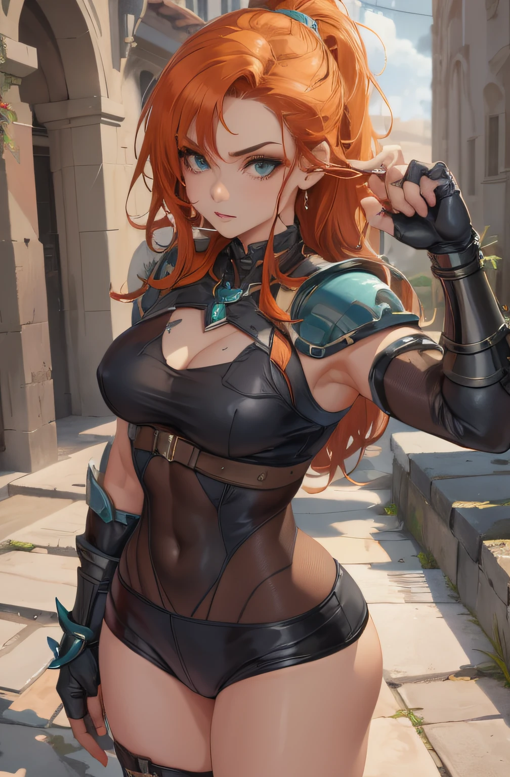 8k,master part, Qualidade BSET,Big, (1 girl), verde_olho, orange hair, short hair, professional lighting, (pele brilhante: 1.2), grande brilhante, ((melhor qualidade)), foco nítido: 1.2, Textura altamente detalhada do rosto e da pele, Olhos detalhados, rosto perfeito, Corpo Perfeito, blur art, CG, Background Story, seios grandes, Presence (20 anos, rosto maduro, fresco e bonito), Usando ((saia azul), camisa branca, coxa), corar, (Mittgal), randome pose, Top view, olho perfeito, cara de raiva