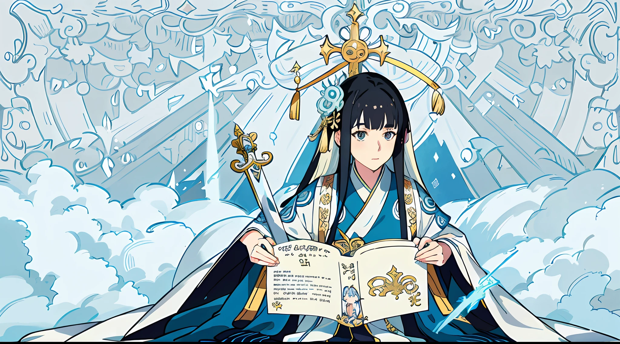 Anime characters wearing blue dresses and white robes with swords, korean art nouveau anime, Palace , A girl in Hanfu, anime illustration, Anime style illustration, Digital anime illustration, anime art nouveau, Detailed fanart, anime graphic illustration, beautiful anime art style, black-haired mage, sengoku - era art style, Anime fantasy illustration, Anime goddess