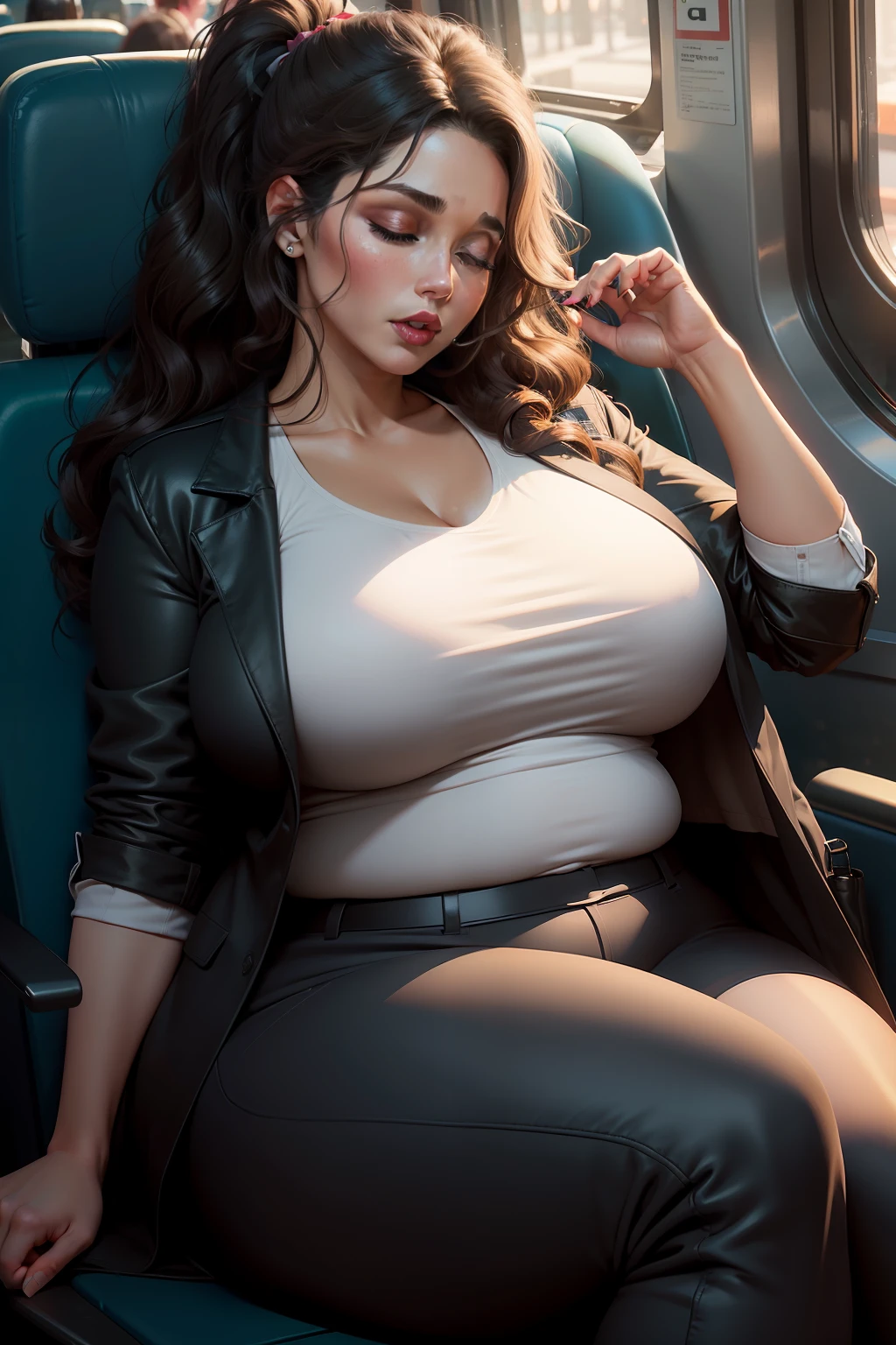 1 beautiful woman, big body, curvy, chubby woman, red lips, woman over 40, closed eyes, brown wavy hair, ponytail, heavily made-up eyelids, eyelids outlined with makeup, eyelids painted with eyeshadow, white shirt with low neckline large, formal black pants, black jacket over shirt, large black handbag, asleep with her mouth open, asleep lying on the bus seat, head resting on the seat nodding.
