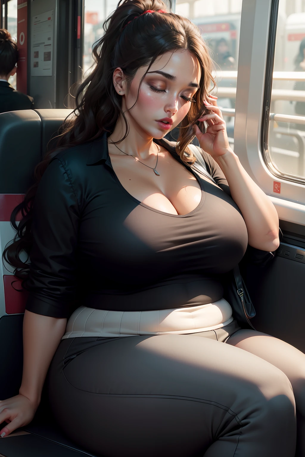 1 beautiful woman, big body, curvy, chubby woman, red lips, woman over 40, closed eyes, brown wavy hair, ponytail, heavily made-up eyelids, eyelids outlined with makeup, eyelids painted with eyeshadow, white shirt with low neckline large, formal black pants, black jacket over shirt, large black handbag, asleep with her mouth open, asleep lying on the bus seat, head resting on the seat nodding.