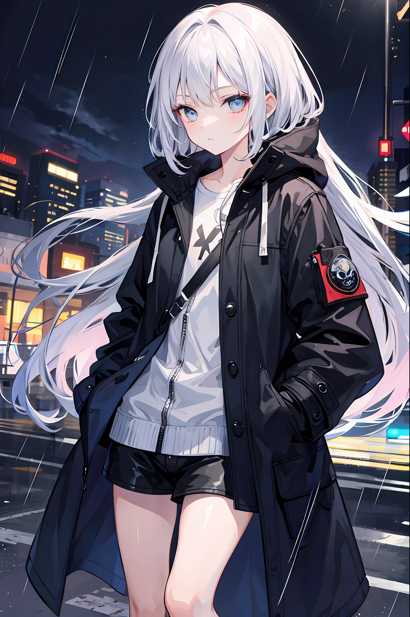Anime girl in black coat standing in the rain - SeaArt AI
