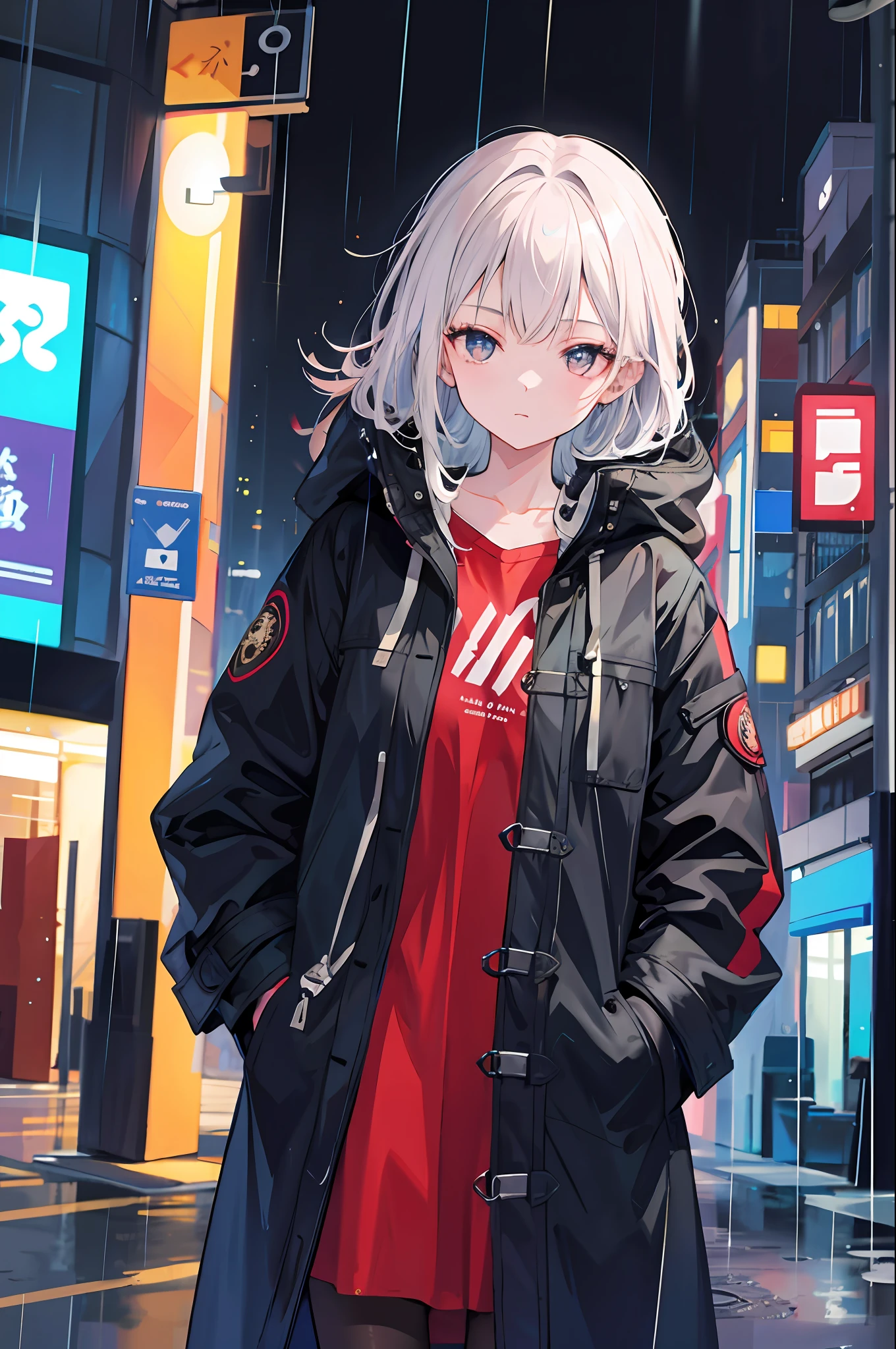 1girl, Night City, rain, coat, hands in pockets