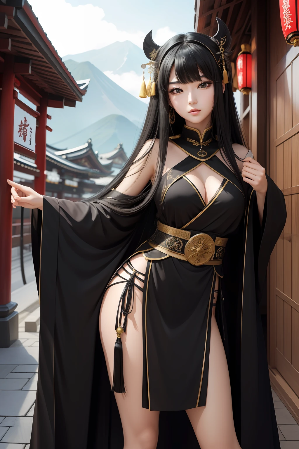 (masterpiece)8K分辨率、top-quality、Beautiful woman dressed as a priestess、Jet black hair long hair、Black eye、Nice Buddy、Japanese style anime style、Full body like