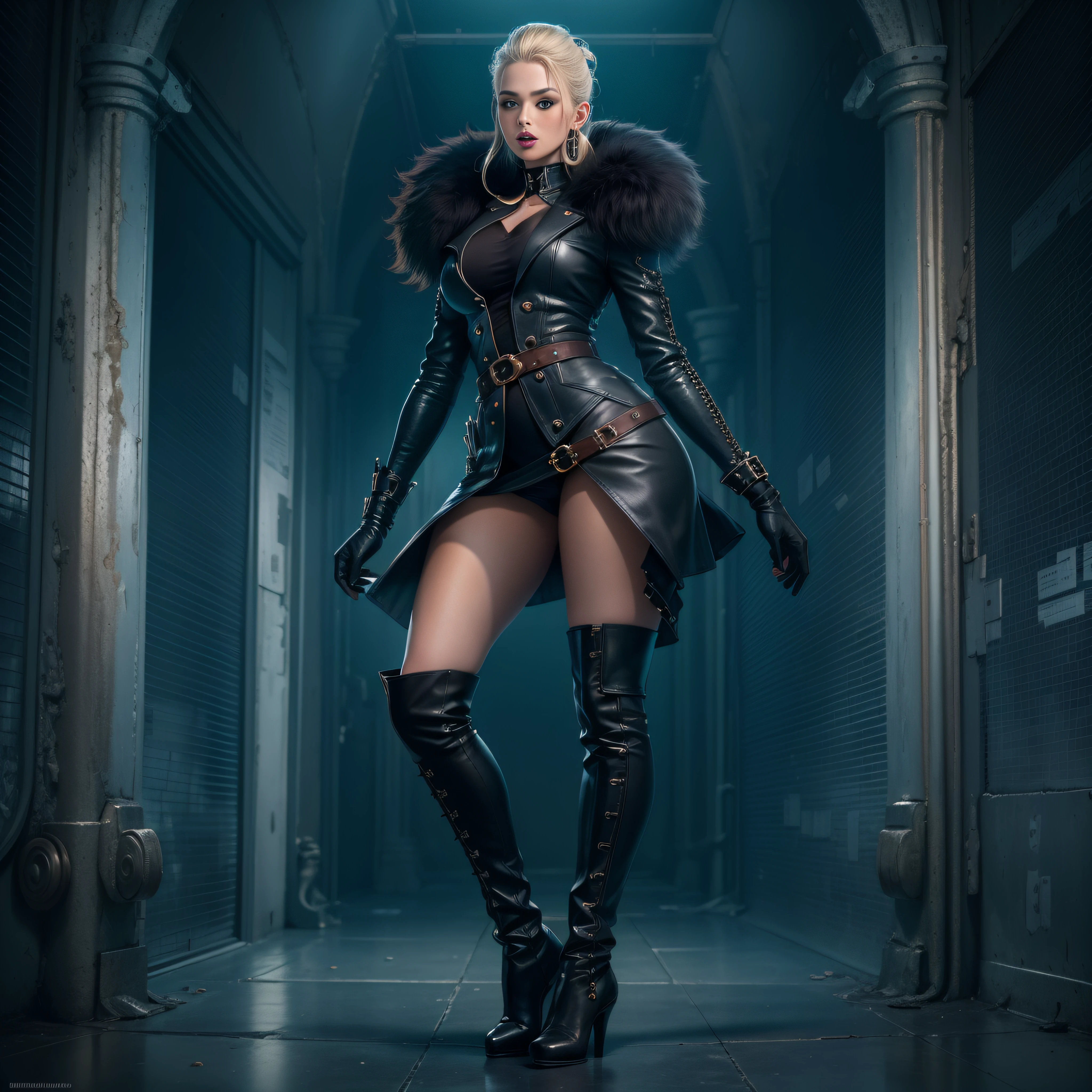 (One man only,a mature female,Queen temperament,tmasterpiece,best qualityer,Hyper-detailing,Fine and detailed eyes and detailed face) garments:Wearing all black leather,Lipstick and boots with a touch of blue,Expose the boots, allure:Tall and tall,The blonde,Tall,haughty、Cold,big assa,Plump body,(Thick thighs:1.4),Scenes:As tall as a building,looks down on a viewer