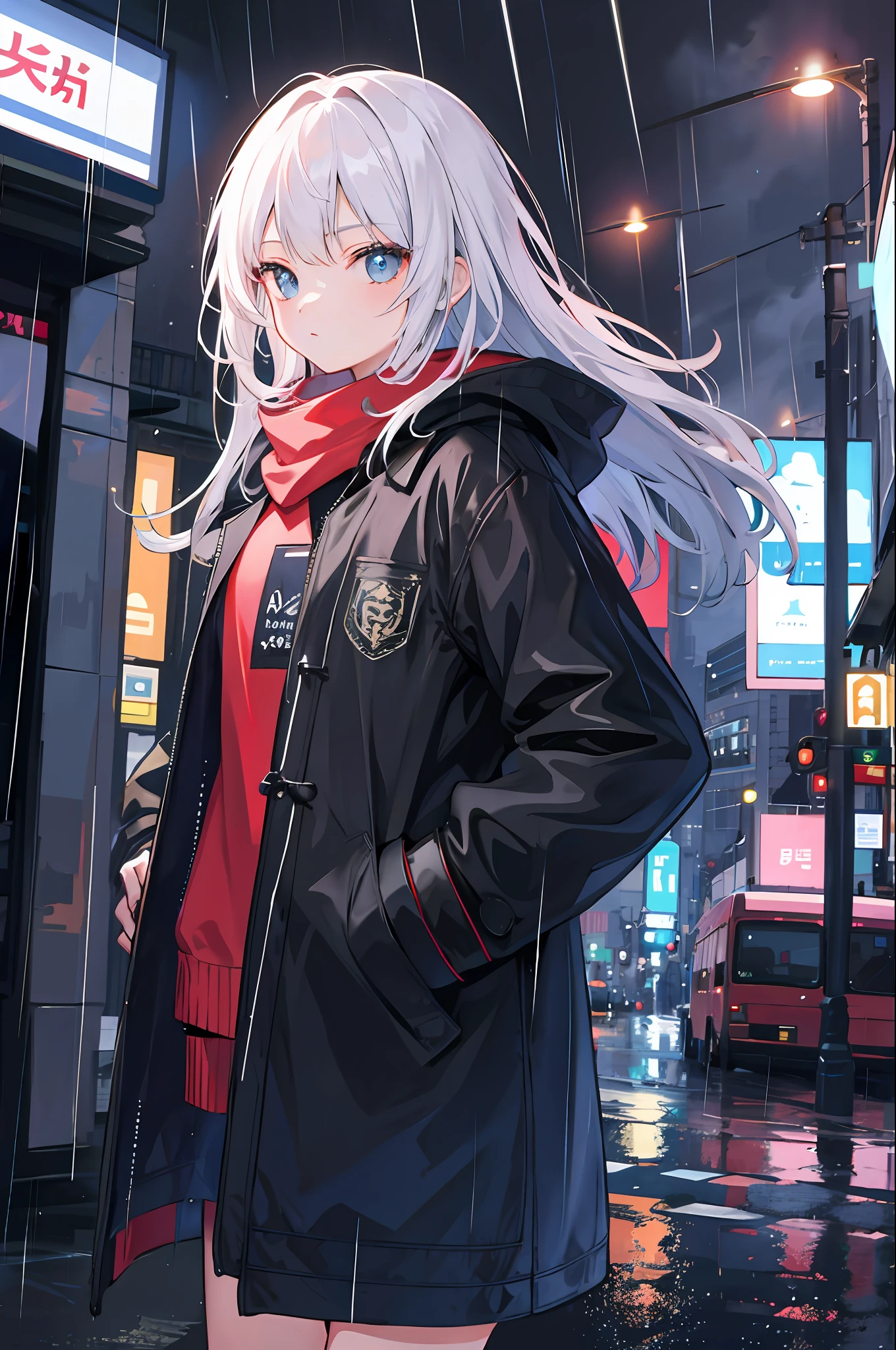 1girl, Night City, rain, coat, hands in pockets