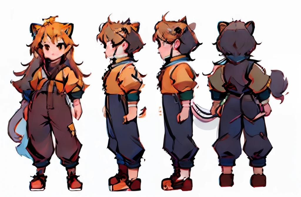 （full bodyesbian）（The front of the same character、on  back、the sideview）（model sheet）（Multiple views of the same role） one-girl，Short yellow hair，Double ball head，Lion's ears、messy  hair，Stand up，Draw a list of people、pose reference、Draw drawings of the same character from different angles，8K，high high quality，A high resolution，pyjamas，adolable，pillow head