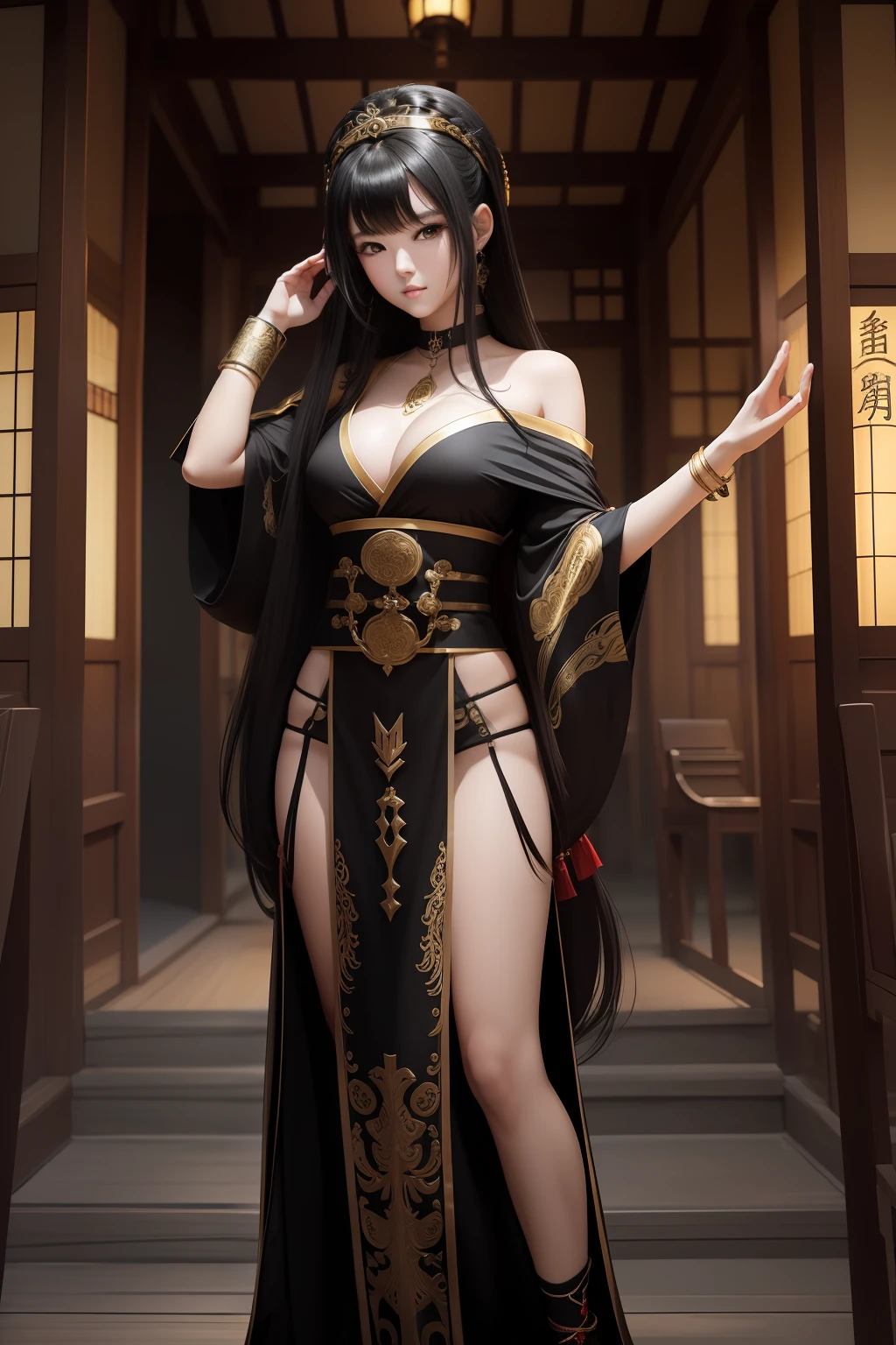 (masterpiece)8K分辨率、top-quality、Beautiful woman dressed as a priestess、Jet black hair long hair、Black eye、Nice Buddy、Japanese style anime style、Full body like